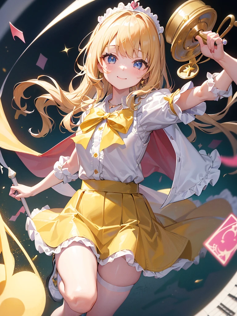 photo realistic, (masterpiece,best quality:1.4),(8k,raw photo,photo realistic:1.2),Not Safe for Work, detailed skin,detailed face,1girl,princess,Alice in Wonderland,cute face, super resolution,retro realistic details Illustration,
((( holding weapon, weapon is hammer, ))), A hammer imbued with magical power, ((yellow, checkered, frilled, yellow layered, yellow mini skirt, overskirt)), ((White ruffle apron)), ((shiny wavy hair)), diadems, ankle boots, doress, (((is turning))), (yellow frilled shirt), yellow gothic dresses, shairband, shortsleeves, the bow hair, happy, ;p, medium bob, (blonde hair), ((wavy hair)), shimmering eyes, ((Blue eyes)), ((yellow shairband)), (((skirt-lift))), melting smile, a smile, red blush, yellow Doress, Alice (Alice in Wonderland), (((cape))), White frilled legwear, ((yellow the Bow)), Puffy Sleeves, Bangss, shortsleeves, ((yellow bow ribbon)), (long hair), (White frilled apron), (((tiara))), White frilled legwear, frilld, yellow gothic dresses,: q, ((Heart necklace)), ((ring)), masterpiece, top-quality, not safe for work, , child, 14 yo, braided bangs, arm garter, baby face ,twinkle in the eye, flat chest,
yumekawa,yumekawaii,pastel color,(wonderland:1.3),imagination, floating many (musical notes:1.4) with score, colorful musical notes, ((light Pink background)), (Multicolored lights),magic circlel, (((trading card))),