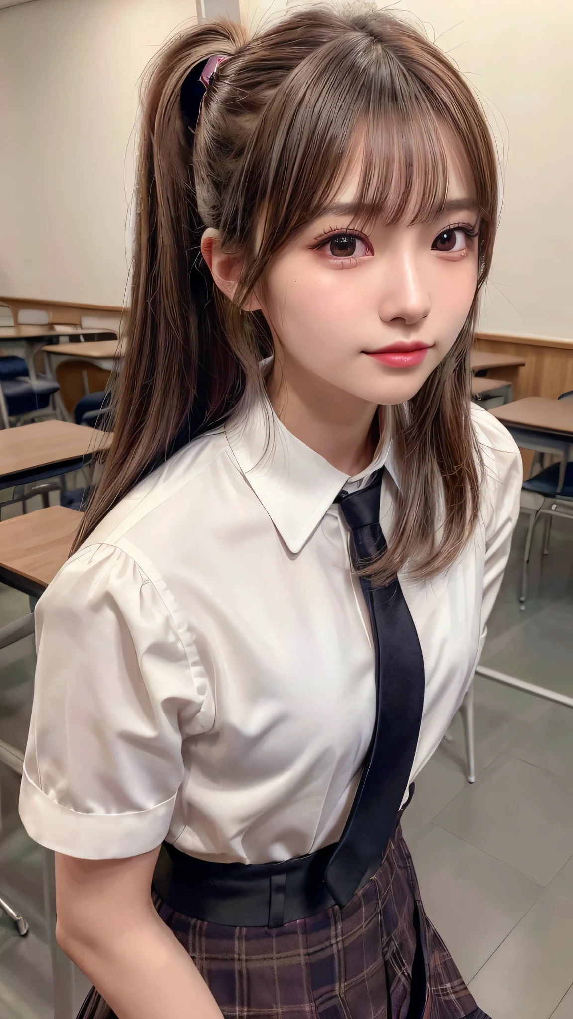 masterpiece, highest quality, super detailed, 8K, disorganized, High resolution, 4k, girl, smile, sitting, looking at the viewer, (think back:1.3), long hair, straight hair, brown hair, we say, droopy eyes, shiny skin, fine skin, detailed face, glamorous, sensual, beautiful breasts, beautiful butt, crooked, (Idol, school uniform:1.3), delicate features, cute face, Japanese Idol, crooked, 20-year-old, Japanese, with window, With desk, with chair, In the classroom, inside the school, super realistic photos, Raw photo, realistic, real person, from below, Front view, cowboy shot, Depth of the bounds written, cinematic lighting, sharpen