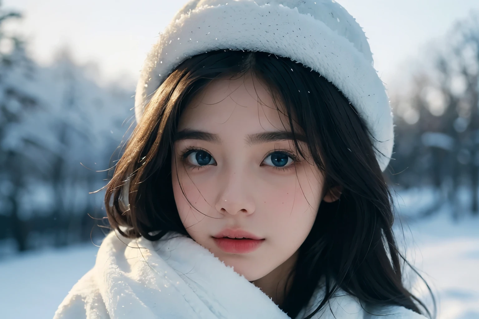 (best quality,4K,high resolution,masterpiece:1.4),Super detailed,Very detailed,sharp focus,Surreal:1.4,professional,HD images,bright colors,Bokeh,Beautiful and delicate eyes,Beautiful and delicate lips,long eyelashes,Romantic atmosphere,soft light,Contrast light and shadow,Lighting effects,high nose bridge,high nose,Yamane,young,Lively,contrast of light and shadow,aurora,Chubby cheeks,charming,graceful curves,blond,full,The background is clear,Arctic,girl,Snow background,Wear a cotton hat,Cotton clothing,Vision
