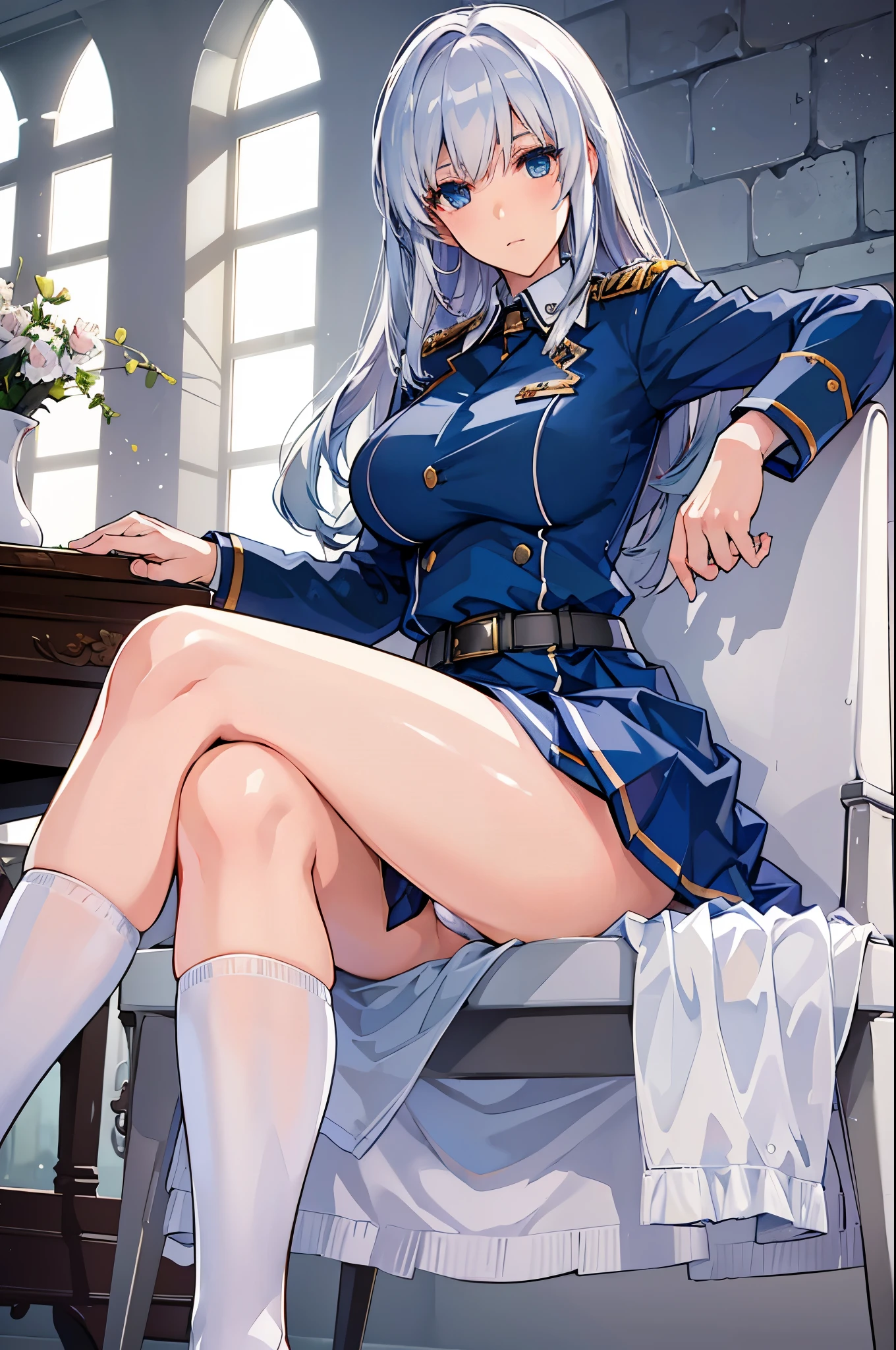 (highest resolution, distinct_image), best quality, masterpiece, highly detailed, semi realistic, a woman with white  hair, mature woman, 30 years old,triple bangs, blue uniform, blue pleated skirt, military uniform, military academy, sitting, holding a book,white panties,panty shot,thigh high socks,large breasts