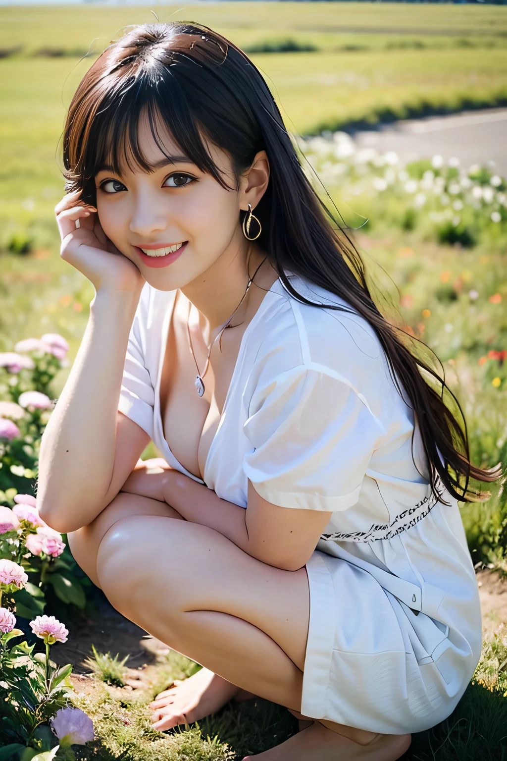 (((unity 32k wallpaper,Raw photo,At 32K、Super highest resolution、Super best image quality、super highest quality、32K resolution、photorealistic1.5、Sharpest image quality、clear image、マスターmasterpiece、People photography:1.photorealistic, masterpiece: 1.hotorealistic、sharp focus、high definition,An illustration、Super fine、Fine、perfect dynamic composition、))),受賞歴のあるAn illustration、(intricate details: 1.2)、(Delicate details)、(cinematic light、bloom、sunshine、ray tracing、detailed shadows)、clear lines、sharp focus、official art、incredibly absurd、huge file size、Super detailed、very detailed、very delicate and beautiful、RAW photo、light shines on your face、Depth of bounds written、solo focus、(Wind:1.1)、1 girl、smile、(Standing position:1.2)、(big breasts、cleavage)、(detailed face、beautiful eyes、beautiful detailed lips、long eyelashes、realistic skin、white skin、delicate skin texture、long hair)、small earrings、pendant))、((null、grassland、sea of flowers))、pureerosface_v1、ulzzang-6500-v1.1、(((squat、smile、picking flowers)))