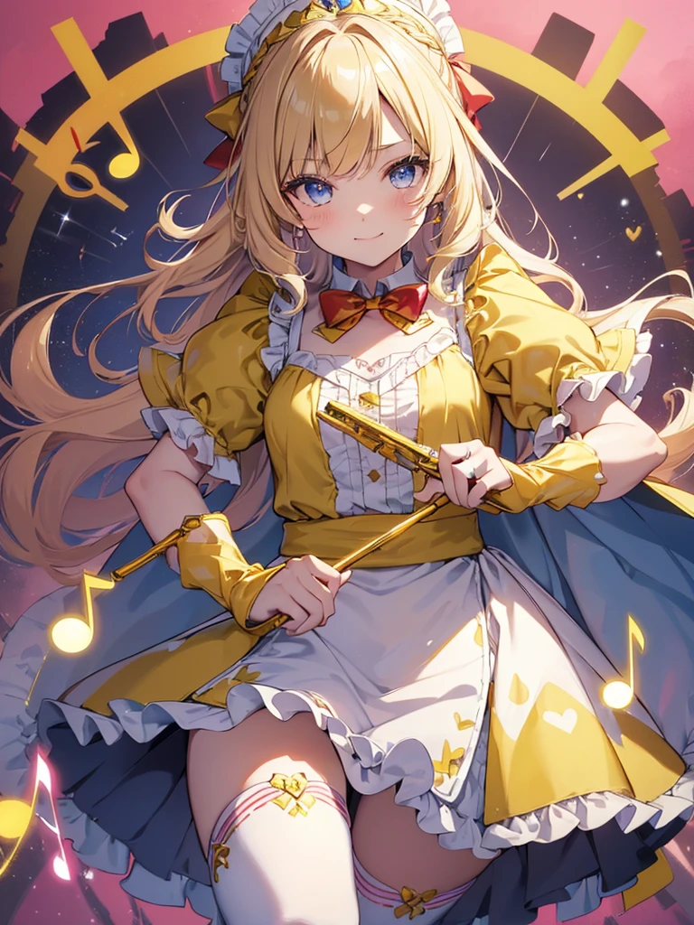 photo realistic, (masterpiece,best quality:1.4),(8k,raw photo,photo realistic:1.2),Not Safe for Work, detailed skin,detailed face,1girl,princess,Alice in Wonderland,cute face, super resolution,retro realistic details Illustration,
((( holding weapon, weapon is hammer, ))), A hammer imbued with magical power, ((yellow, checkered, frilled, yellow layered, yellow mini skirt, overskirt)), ((White ruffle apron)), ((shiny wavy hair)), diadems, ankle boots, doress, (((is turning))), (yellow frilled shirt), yellow gothic dresses, shairband, shortsleeves, the bow hair, happy, ;p, medium bob, (blonde hair), ((wavy hair)), shimmering eyes, ((Blue eyes)), ((yellow shairband)), (((skirt-lift))), melting smile, a smile, red blush, yellow Doress, Alice (Alice in Wonderland), (((cape))), White frilled legwear, ((yellow the Bow)), Puffy Sleeves, Bangss, shortsleeves, ((yellow bow ribbon)), (long hair), (White frilled apron), (((tiara))), White frilled legwear, frilld, yellow gothic dresses,: q, ((Heart necklace)), ((ring)), masterpiece, top-quality, not safe for work, , braided bangs, arm garter, baby face ,twinkle he eye, flat chest,
yumekawa,yumekawaii,pastel color,(wonderland:1.3),imagination, floating many (musical notes:1.4) with score, colorful musical notes, ((light Pink background)), (Multicolored lights),magic circlel, (((trading card))),