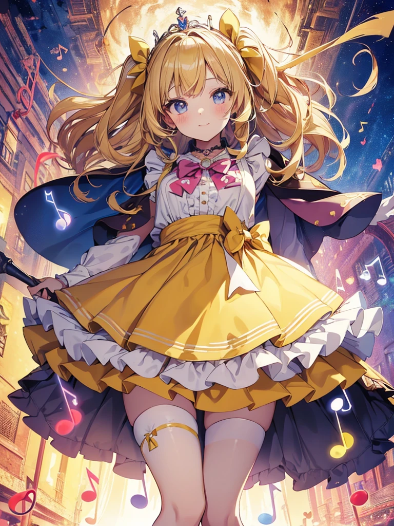photo realistic, (masterpiece,best quality:1.4),(8k,raw photo,photo realistic:1.2),Not Safe for Work, detailed skin,detailed face,1girl,princess,Alice in Wonderland,cute face, super resolution,retro realistic details Illustration,
((( holding weapon, weapon is hammer, ))), A hammer imbued with magical power, ((yellow, checkered, frilled, yellow layered, yellow mini skirt, overskirt)), ((White ruffle apron)), ((shiny wavy hair)), diadems, ankle boots, doress, (((is turning))), (yellow frilled shirt), yellow gothic dresses, shairband, shortsleeves, the bow hair, happy, ;p, medium bob, (blonde hair), ((wavy hair)), shimmering eyes, ((Blue eyes)),  ((yellow shairband)), (((skirt-lift))), melting smile, a smile, red blush, yellow Doress, Alice (Alice in Wonderland), (((cape))), White frilled legwear, ((yellow the Bow)), Puffy Sleeves, Bangss, shortsleeves, ((yellow bow ribbon)), (long hair), (White frilled apron), (((tiara))),  White frilled legwear, frilld, yellow gothic dresses,: q, ((Heart necklace)), ((ring)), masterpiece, top-quality, not safe for work, , child, 14 yo, braided bangs, arm garter, baby face ,twinkle in the eye, flat chest,
yumekawa,yumekawaii,pastel color,(wonderland:1.3),imagination, floating many (musical notes:1.4) with score, colorful musical notes, ((light Pink background)), (Multicolored lights),magic circlel, (((trading card))),