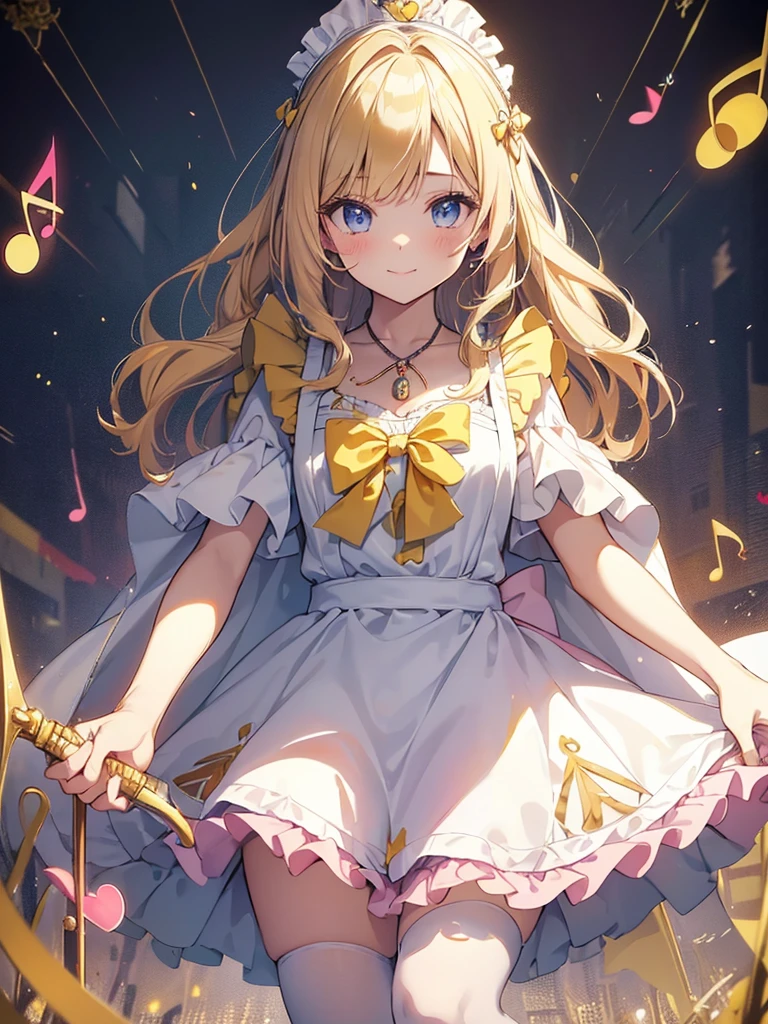 photo realistic, (masterpiece,best quality:1.4),(8k,raw photo,photo realistic:1.2),Not Safe for Work, detailed skin,detailed face,1girl,princess,Alice in Wonderland,cute face, super resolution,retro realistic details Illustration,
((( holding weapon, weapon is hammer, ))), A hammer imbued with magical power, ((yellow, checkered, frilled, yellow layered, yellow mini skirt, overskirt)), ((White ruffle apron)), ((shiny wavy hair)), diadems, ankle boots, doress, (((is turning))), (yellow frilled shirt), yellow gothic dresses, shairband, shortsleeves, the bow hair, happy, ;p, medium bob, (blonde hair), ((wavy hair)), shimmering eyes, ((Blue eyes)), ((yellow shairband)), (((skirt-lift))), melting smile, a smile, red blush, yellow Doress, Alice (Alice in Wonderland), (((cape))), White frilled legwear, ((yellow the Bow)), Puffy Sleeves, Bangss, shortsleeves, ((yellow bow ribbon)), (long hair), (White frilled apron), (((tiara))), White frilled legwear, frilld, yellow gothic dresses,: q, ((Heart necklace)), ((ring)), masterpiece, top-quality, not safe for work, , child, 14 yo, braided bangs, arm garter, baby face ,twinkle in the eye, flat chest,
yumekawa,yumekawaii,pastel color,(wonderland:1.3),imagination, floating many (musical notes:1.4) with score, colorful musical notes, ((light Pink background)), (Multicolored lights),magic circlel, (((trading card))),