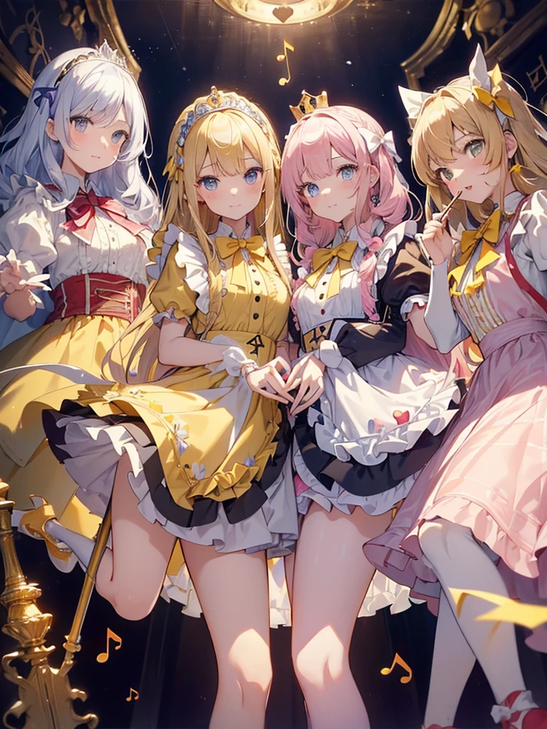 photo realistic, (masterpiece,best quality:1.4),(8k,raw photo,photo realistic:1.2),Not Safe for Work, detailed skin,detailed face,1girl,princess,Alice in Wonderland,cute face, super resolution,retro realistic details Illustration,
((( holding weapon, weapon is hammer, ))), A hammer imbued with magical power, ((yellow, checkered, frilled, yellow layered, yellow mini skirt, overskirt)), ((White ruffle apron)), ((shiny wavy hair)), diadems, ankle boots, doress, (((is turning))), (yellow frilled shirt), yellow gothic dresses, shairband, shortsleeves, the bow hair, happy, ;p, medium bob, (blonde hair), ((wavy hair)), shimmering eyes, ((Blue eyes)), ((yellow shairband)), (((skirt-lift))), melting smile, a smile, red blush, yellow Doress, Alice (Alice in Wonderland), (((cape))), White frilled legwear, ((yellow the Bow)), Puffy Sleeves, Bangss, shortsleeves, ((yellow bow ribbon)), (long hair), (White frilled apron), (((tiara))), White frilled legwear, frilld, yellow gothic dresses,: q, ((Heart necklace)), ((ring)), masterpiece, top-quality, not safe for work, , braided bangs, arm garter, baby face ,twinkle he eye, flat chest,
yumekawa,yumekawaii,pastel color,(wonderland:1.3),imagination, floating many (musical notes:1.4) with score, colorful musical notes, ((light Pink background)), (Multicolored lights),magic circlel, (((trading card))),