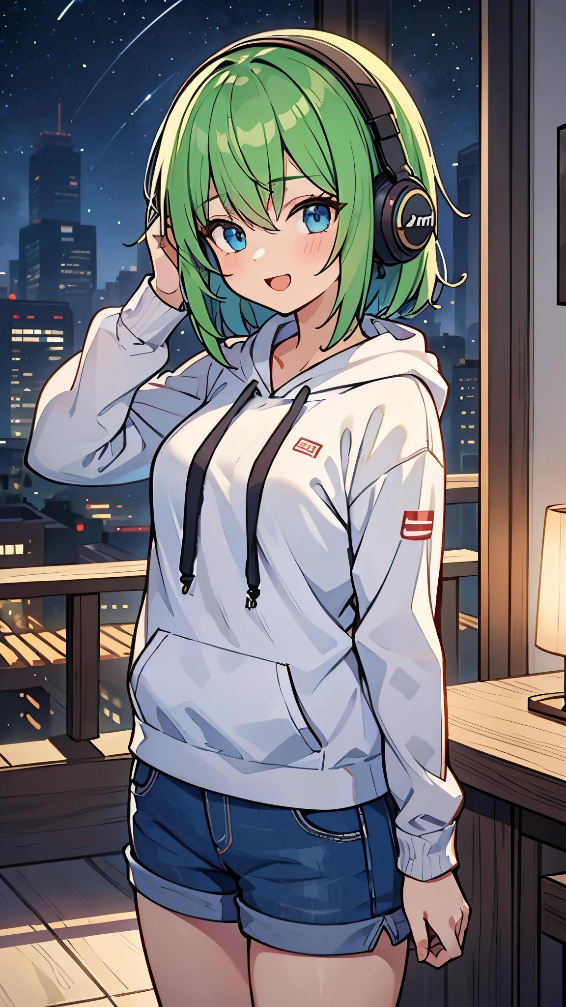 ((A Pretty girl wearing hoodie and hot pants)), Headphone, face, ((master piece, top-quality, ultra-definition, high resolution)), anime girl, ((ultra-detailed illust:1.2)), only one person, bangs, hair between eye, green colored hair, beautiful hair, Blue colored eyes, Shiny eyes, Beautiful eyes, Medium breasts, Big smile, opened mouth, ((night cityscape))
