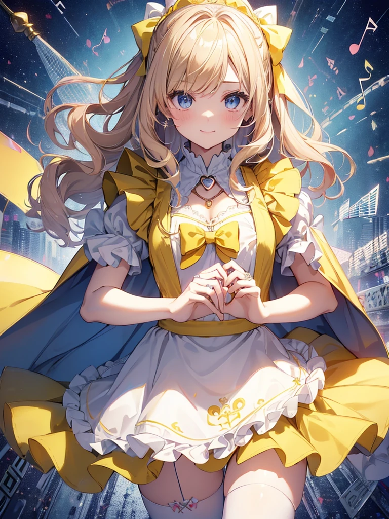 photo realistic, (masterpiece,best quality:1.4),(8k,raw photo,photo realistic:1.2),Not Safe for Work, detailed skin,detailed face,1girl,princess,Alice in Wonderland,cute face, super resolution,retro realistic details Illustration,
((( holding weapon, weapon is hammer, ))), A hammer imbued with magical power, ((yellow, checkered, frilled, yellow layered, yellow mini skirt, overskirt)), ((White ruffle apron)), ((shiny wavy hair)), diadems, ankle boots, doress, (((is turning))), (yellow frilled shirt), yellow gothic dresses, shairband, shortsleeves, the bow hair, happy, ;p, medium bob, (blonde hair), ((wavy hair)), shimmering eyes, ((Blue eyes)), ((yellow shairband)), (((skirt-lift))), melting smile, a smile, red blush, yellow Doress, Alice (Alice in Wonderland), (((cape))), White frilled legwear, ((yellow the Bow)), Puffy Sleeves, Bangss, shortsleeves, ((yellow bow ribbon)), (long hair), (White frilled apron), (((tiara))), White frilled legwear, frilld, yellow gothic dresses,: q, ((Heart necklace)), ((ring)), masterpiece, top-quality, not safe for work, , braided bangs, arm garter, baby face ,twinkle he eye, flat chest,
yumekawa,yumekawaii,pastel color,(wonderland:1.3),imagination, floating many (musical notes:1.4) with score, colorful musical notes, ((light Pink background)), (Multicolored lights),magic circlel, (((trading card))),