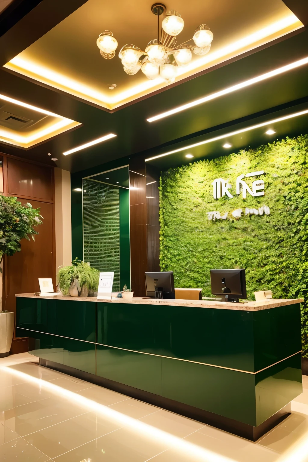 (Best quality, masterpiece: 1.2), reception desk, Hưng Tân Phát Group, elegant curve, ambient underglow lighting: 1.3, deep dark green high-gloss finish: 1.5, seamless integration of glass and polished metal: 1.5, dark gray and light bronze accents: 1.5, glowing neon elements: 1.5, unique circular light fixture: 1.5, potted green plants: 1.5
The reception desk at Hưng Tân Phát Group stands as a symbol of elegance and sophistication, its curved form inspiring a sense of fluidity and dynamic motion