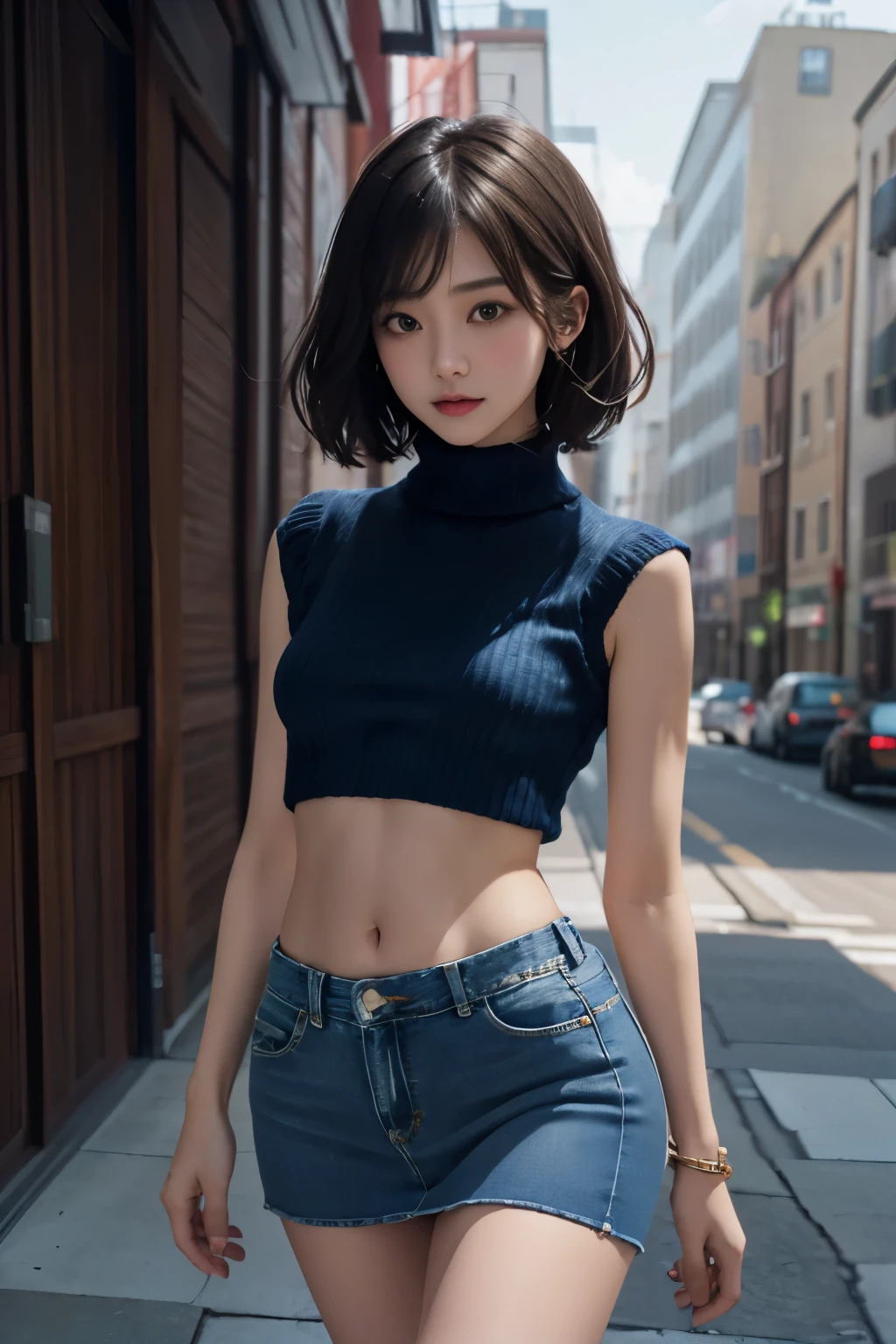 (masuter piece:1.3)、(8K、Photorealsitic、Raw photography、top-quality: 1.4)、(1girl in)、beautiful countenance、(Lifelike face)、(A dark-haired、short-hair:1.3)、Beautiful hairstyle、realisticeyes、Beautiful details、（real looking skin）、Beautiful skins、absurderes、enticing、超A high resolution、A hyper-realistic、high-detail、the golden ratio、((wide open abdomen))、((open abdomen))、((wide open navel))、((open navel))、((Mid-Riff Sweater))、((Ultra-low rise、Denim Mini Skirt))、、((Navel Ejection))、((Full body depiction))、((small hips))、((A slender))、((Ultra-low rise))、((Denim Mini Skirt))、((is standing))、