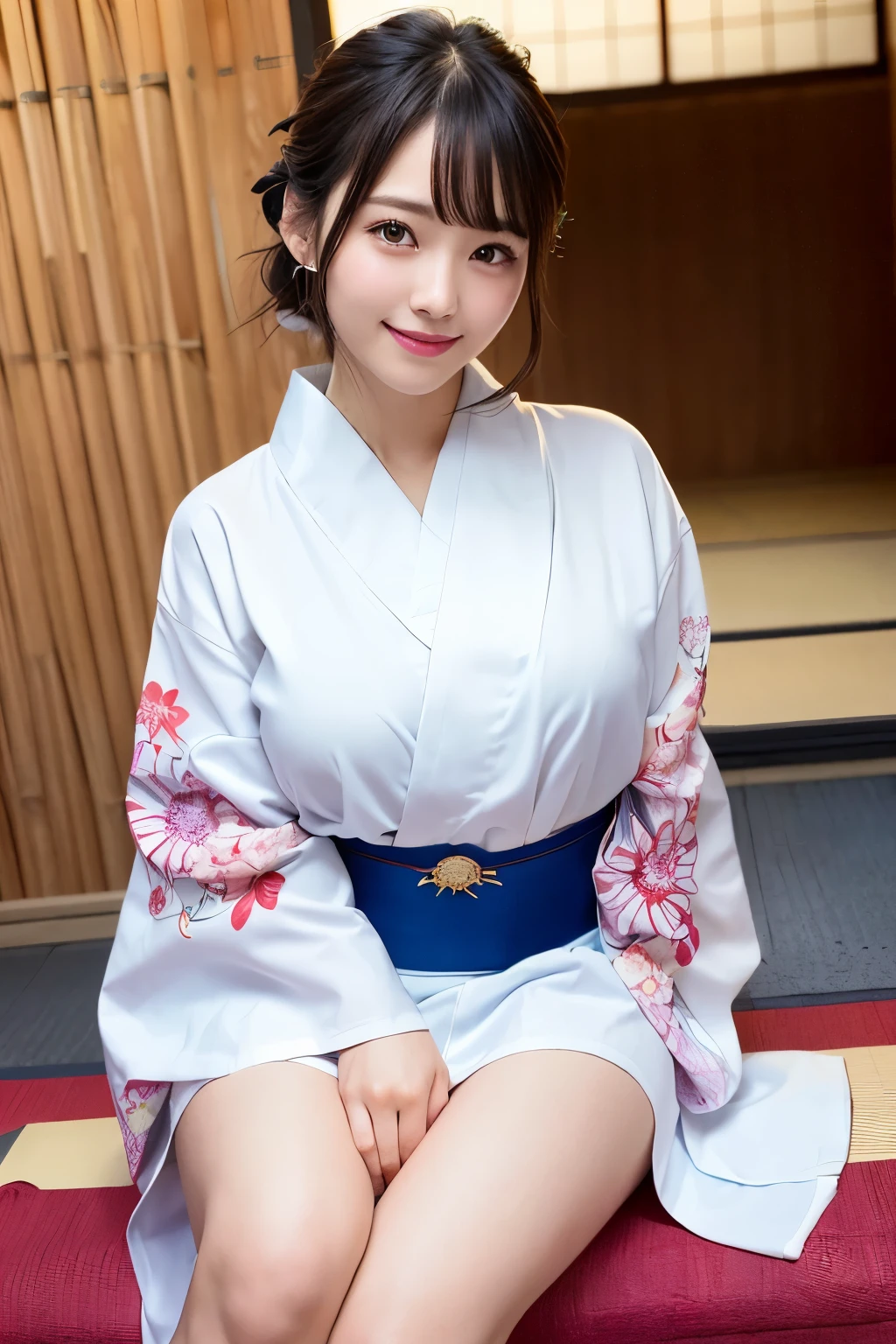 (masterpiece:1.3), High resolution, Super detailed, Highly detailed CG Unity 8K wallpaper, realistic, photo-realistic, RAW photo, beautiful detailed face, white skin, realistic glistening skin, fine cloth texture, detailed hair texture, perfect body, beautiful face, Accurate, anatomically correct, Highly detailed face and skin texture, natural neck length, (beautiful hands), (Fair skin:1.2), thin legs, thin legs, Beautifully aligned teeth throughout the body、Plump thighs、I can see my thighs、Kimono length is short、mooth calves、
fine eyes, symmetrical eyes, light brown eyes, double eyelid, (glossy lips:1.4), ((smile gently:1.2)), (blush:1.1)
Low - Angle、Projection from below、
(very cute girl:1.3), ((Wearing a cute high-class yukata with a floral pattern:1.3)), 
big breasts、Plump breasts, (slender body shape:1.1)
((asymmetrical bangs:1.2)), shortcut
((elegant posture:1.3)), 
((In a wide overnight ride in Kyoto:1.4)),looking at the viewer