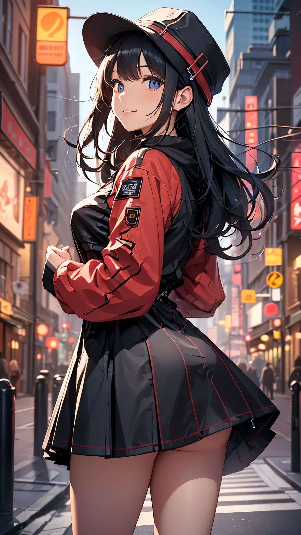最high quality、best image quality、masterpiece、teenage girl((18-year-old、 By becoming、vest bust、medium bust,wide open breast tea、black eye, black hair、long hair、thin,highest valley、black hoodie(2:3),white skirt、Rear view、cute blue hat、smile、Cross your arms behind your back、The wind blows)),high quality、beautiful art、background((City of night、Restaurant Area)),debris flies、Depth of written boundary、movie、visual art、perfect art、8K,genuine