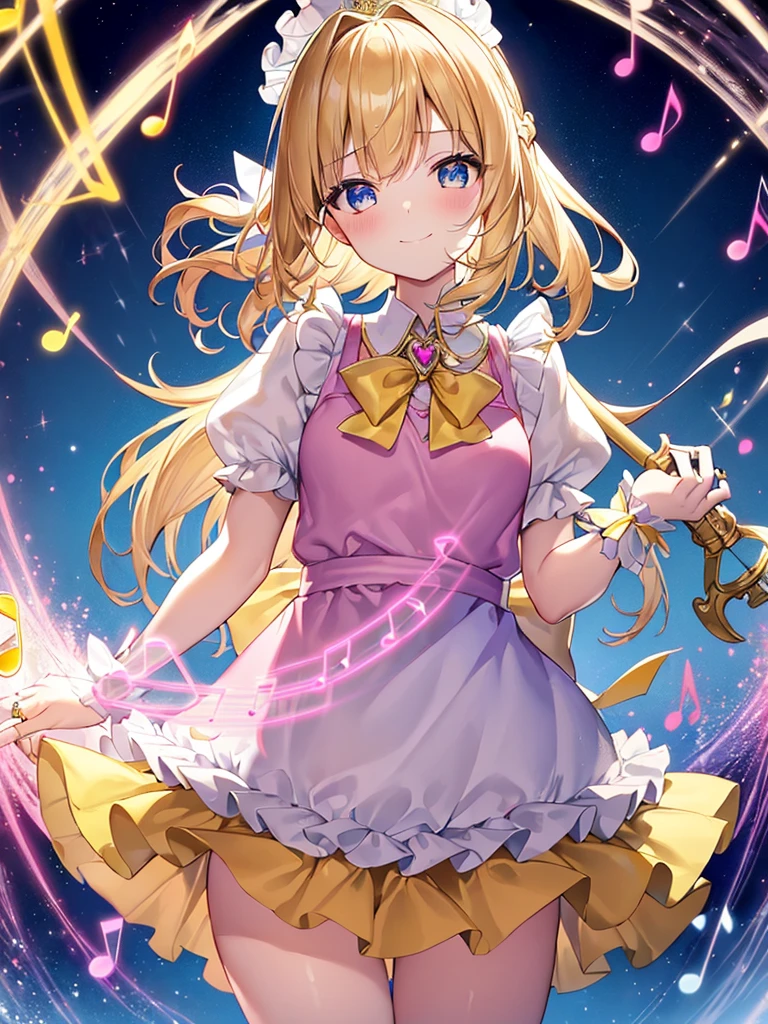 photo realistic, (masterpiece,best quality:1.4),(8k,raw photo,photo realistic:1.2),Not Safe for Work, detailed skin,detailed face,1girl,princess,Alice in Wonderland,cute face, super resolution,retro realistic details Illustration,
((( holding weapon, weapon is hammer, ))), A hammer imbued with magical power, ((yellow, checkered, frilled, yellow layered, yellow mini skirt, overskirt)), ((White ruffle apron)), ((shiny wavy hair)), diadems, ankle boots, doress, (((is turning))), (yellow frilled shirt), yellow gothic dresses, shairband, shortsleeves, the bow hair, happy, ;p, medium bob, (blonde hair), ((wavy hair)), shimmering eyes, ((Blue eyes)),  ((yellow shairband)), (((skirt-lift))), melting smile, a smile, red blush, yellow Doress, Alice (Alice in Wonderland), (((cape))), White frilled legwear, ((yellow the Bow)), Puffy Sleeves, Bangss, shortsleeves, ((yellow bow ribbon)), (long hair), (White frilled apron), (((tiara))),  White frilled legwear, frilld, yellow gothic dresses,: q, ((Heart necklace)), ((ring)), masterpiece, top-quality, not safe for work, , braided bangs, arm garter, baby face ,twinkle he eye, flat chest,
yumekawa,yumekawaii,pastel color,(wonderland:1.3),imagination, floating many (musical notes:1.4) with score, colorful musical notes, ((light Pink background)), (Multicolored lights),magic circlel, (((trading card))),