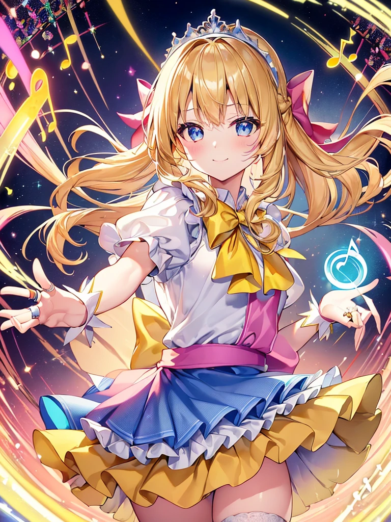 photo realistic, (masterpiece,best quality:1.4),(8k,raw photo,photo realistic:1.2),Not Safe for Work, detailed skin,detailed face,1girl,princess,Alice in Wonderland,cute face, super resolution,retro realistic details Illustration,
((( holding weapon, weapon is hammer, ))), A hammer imbued with magical power, ((yellow, checkered, frilled, yellow layered, yellow mini skirt, overskirt)), ((White ruffle apron)), ((shiny wavy hair)), diadems, ankle boots, doress, (((is turning))), (yellow frilled shirt), yellow gothic dresses, shairband, shortsleeves, the bow hair, happy, ;p, medium bob, (blonde hair), ((wavy hair)), shimmering eyes, ((Blue eyes)), ((yellow shairband)), (((skirt-lift))), melting smile, a smile, red blush, yellow Doress, Alice (Alice in Wonderland), (((cape))), White frilled legwear, ((yellow the Bow)), Puffy Sleeves, Bangss, shortsleeves, ((yellow bow ribbon)), (long hair), (White frilled apron), (((tiara))), White frilled legwear, frilld, yellow gothic dresses,: q, ((Heart necklace)), ((ring)), masterpiece, top-quality, not safe for work, , child, 14 yo, braided bangs, arm garter, baby face ,twinkle in the eye, flat chest,
yumekawa,yumekawaii,pastel color,(wonderland:1.3),imagination, floating many (musical notes:1.4) with score, colorful musical notes, ((light Pink background)), (Multicolored lights),magic circlel, (((trading card))),