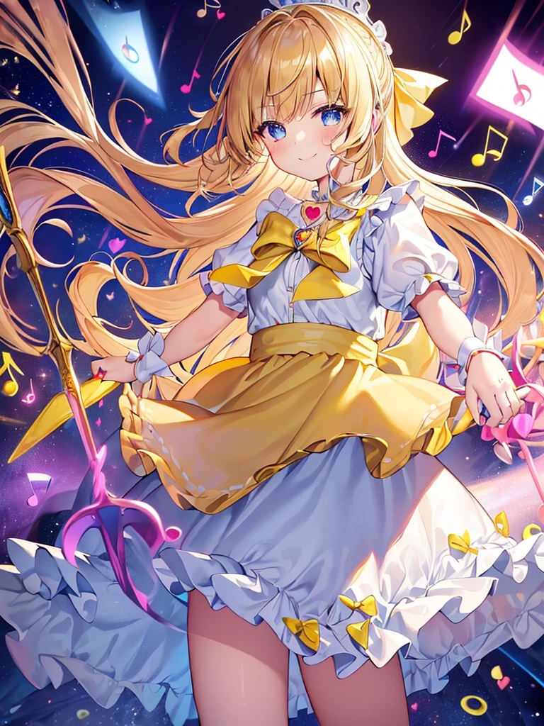 photo realistic, (masterpiece,best quality:1.4),(8k,raw photo,photo realistic:1.2),Not Safe for Work, detailed skin,detailed face,1girl,princess,Alice in Wonderland,cute face, super resolution,retro realistic details Illustration,
((( holding weapon, weapon is hammer, ))), A hammer imbued with magical power, ((yellow, checkered, frilled, yellow layered, yellow mini skirt, overskirt)), ((White ruffle apron)), ((shiny wavy hair)), diadems, ankle boots, doress, (((is turning))), (yellow frilled shirt), yellow gothic dresses, shairband, shortsleeves, the bow hair, happy, ;p, medium bob, (blonde hair), ((wavy hair)), shimmering eyes, ((Blue eyes)), ((yellow shairband)), (((skirt-lift))), melting smile, a smile, red blush, yellow Doress, Alice (Alice in Wonderland), (((cape))), White frilled legwear, ((yellow the Bow)), Puffy Sleeves, Bangss, shortsleeves, ((yellow bow ribbon)), (long hair), (White frilled apron), (((tiara))), White frilled legwear, frilld, yellow gothic dresses,: q, ((Heart necklace)), ((ring)), masterpiece, top-quality, not safe for work, , child, 14 yo, braided bangs, arm garter, baby face ,twinkle in the eye, flat chest,
yumekawa,yumekawaii,pastel color,(wonderland:1.3),imagination, floating many (musical notes:1.4) with score, colorful musical notes, ((light Pink background)), (Multicolored lights),magic circlel, (((trading card))),