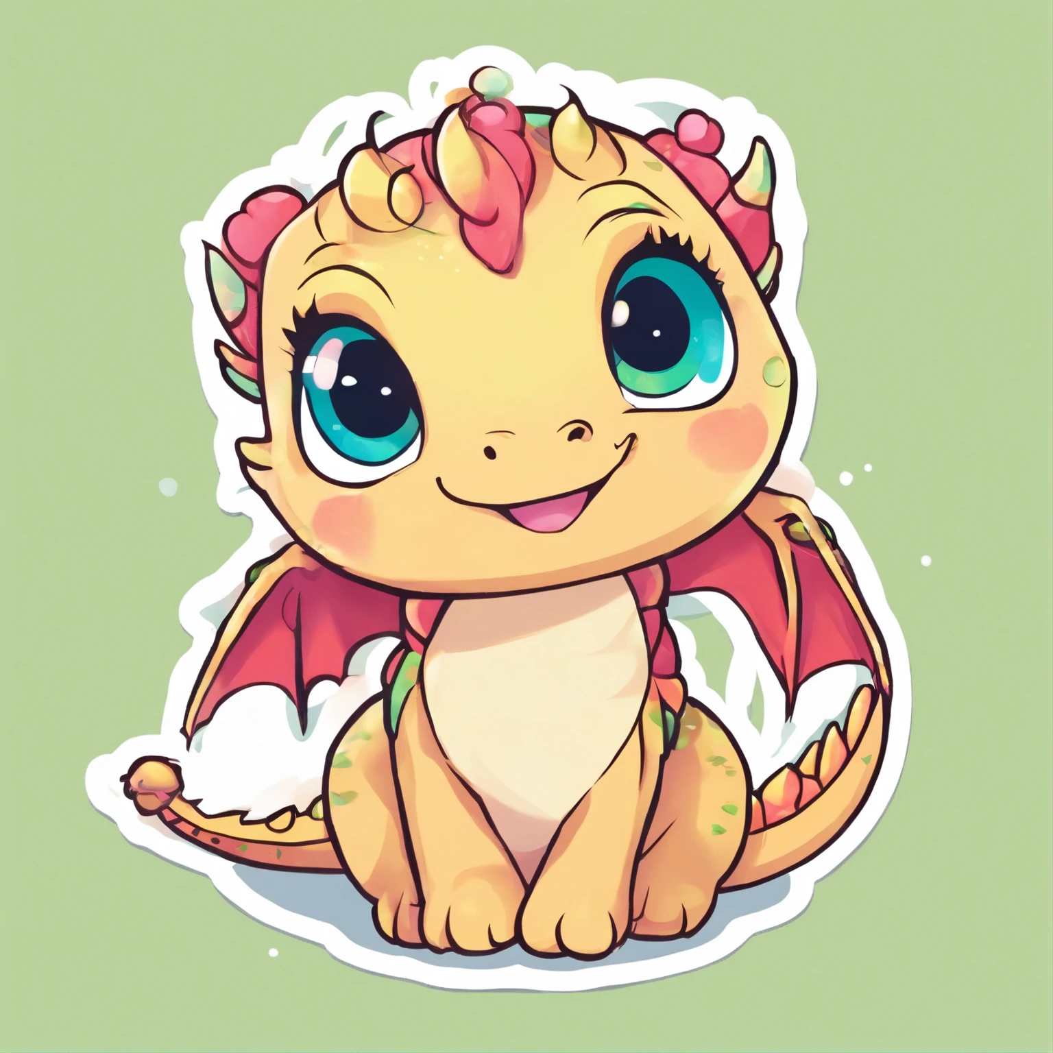 Sticker, dragon, little kawaii dragon, big eyes, green-blue eyes, simple sticker, pastel color, simple backround