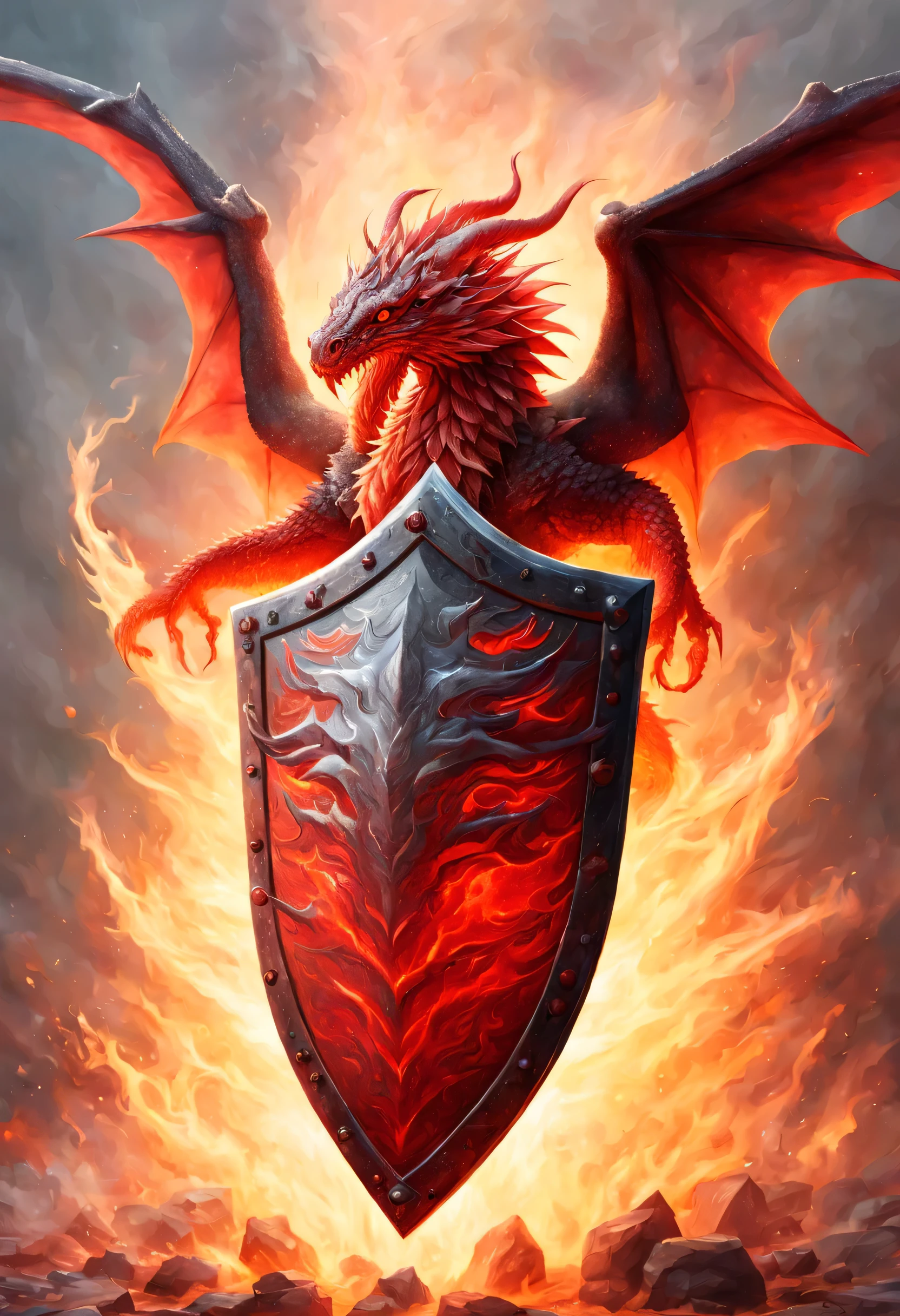 antasy art, dnd art, RPG art, wide shot a picture of a (shield: 1.5) with a red dragon head breathing fire, high details, best quality, 16k, [ultra detailed], masterpiece, best quality, (extremely detailed), close up, photorealistic, RAW, fantasy art, dnd art, fantasy art, realistic art,