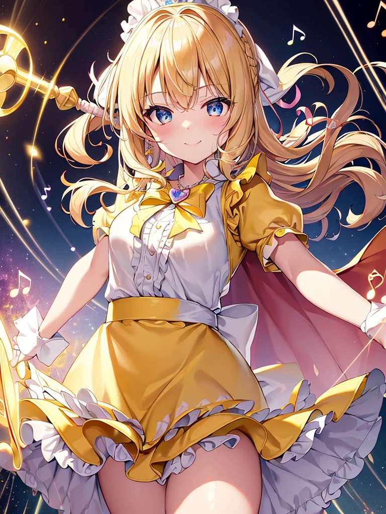 photo realistic, (masterpiece,best quality:1.4),(8k,raw photo,photo realistic:1.2),Not Safe for Work, detailed skin,detailed face,1girl,princess,Alice in Wonderland,cute face, super resolution,retro realistic details Illustration,
((( holding weapon, weapon is hammer, ))), A hammer imbued with magical power, ((yellow, checkered, frilled, yellow layered, yellow mini skirt, overskirt)), ((White ruffle apron)), ((shiny wavy hair)), diadems, ankle boots, doress, (((is turning))), (yellow frilled shirt), yellow gothic dresses, shairband, shortsleeves, the bow hair, happy, ;p, medium bob, (blonde hair), ((wavy hair)), shimmering eyes, ((Blue eyes)),  ((yellow shairband)), (((skirt-lift))), melting smile, a smile, red blush, yellow Doress, Alice (Alice in Wonderland), (((cape))), White frilled legwear, ((yellow the Bow)), Puffy Sleeves, Bangss, shortsleeves, ((yellow bow ribbon)), (long hair), (White frilled apron), (((tiara))),  White frilled legwear, frilld, yellow gothic dresses,: q, ((Heart necklace)), ((ring)), masterpiece, top-quality, not safe for work, , child, 14 yo, braided bangs, arm garter, baby face ,twinkle in the eye, flat chest,
yumekawa,yumekawaii,pastel color,(wonderland:1.3),imagination, floating many (musical notes:1.4) with score, colorful musical notes, ((light Pink background)), (Multicolored lights),magic circlel, (((trading card))),
