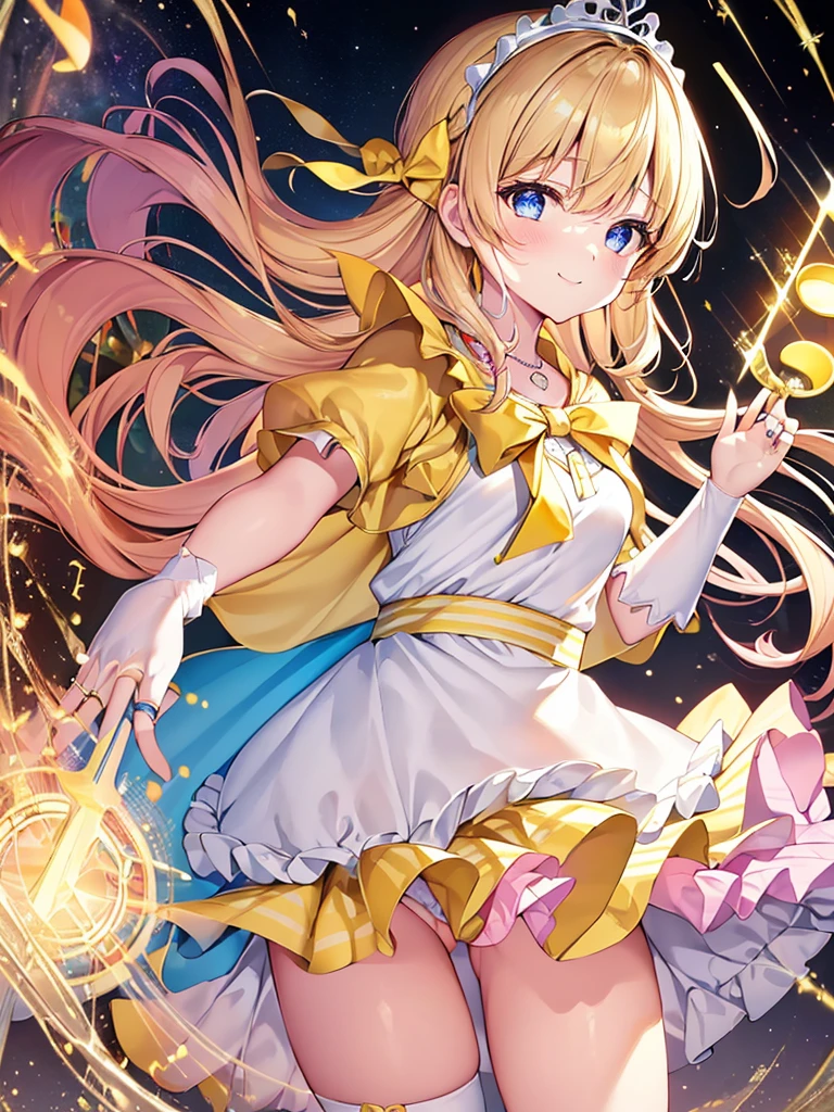 photo realistic, (masterpiece,best quality:1.4),(8k,raw photo,photo realistic:1.2),Not Safe for Work, detailed skin,detailed face,1girl,princess,Alice in Wonderland,cute face, super resolution,retro realistic details Illustration,
((( holding weapon, weapon is hammer, ))), A hammer imbued with magical power, ((yellow, checkered, frilled, yellow layered, yellow mini skirt, overskirt)), ((White ruffle apron)), ((shiny wavy hair)), diadems, ankle boots, doress, (((is turning))), (yellow frilled shirt), yellow gothic dresses, shairband, shortsleeves, the bow hair, happy, ;p, medium bob, (blonde hair), ((wavy hair)), shimmering eyes, ((Blue eyes)), ((yellow shairband)), (((skirt-lift))), melting smile, a smile, red blush, yellow Doress, Alice (Alice in Wonderland), (((cape))), White frilled legwear, ((yellow the Bow)), Puffy Sleeves, Bangss, shortsleeves, ((yellow bow ribbon)), (long hair), (White frilled apron), (((tiara))), White frilled legwear, frilld, yellow gothic dresses,: q, ((Heart necklace)), ((ring)), masterpiece, top-quality, not safe for work, , child, 14 yo, braided bangs, arm garter, baby face ,twinkle in the eye, flat chest,
yumekawa,yumekawaii,pastel color,(wonderland:1.3),imagination, floating many (musical notes:1.4) with score, colorful musical notes, ((light Pink background)), (Multicolored lights),magic circlel, (((trading card))),