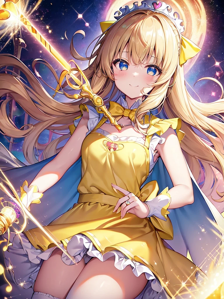 photo realistic, (masterpiece,best quality:1.4),(8k,raw photo,photo realistic:1.2),Not Safe for Work, detailed skin,detailed face,1girl,princess,Alice in Wonderland,cute face, super resolution,retro realistic details Illustration,
((( holding weapon, weapon is hammer, ))), A hammer imbued with magical power, ((yellow, checkered, frilled, yellow layered, yellow mini skirt, overskirt)), ((White ruffle apron)), ((shiny wavy hair)), diadems, ankle boots, doress, (((is turning))), (yellow frilled shirt), yellow gothic dresses, shairband, shortsleeves, the bow hair, happy, ;p, medium bob, (blonde hair), ((wavy hair)), shimmering eyes, ((Blue eyes)), ((yellow shairband)), (((skirt-lift))), melting smile, a smile, red blush, yellow Doress, Alice (Alice in Wonderland), (((cape))), White frilled legwear, ((yellow the Bow)), Puffy Sleeves, Bangss, shortsleeves, ((yellow bow ribbon)), (long hair), (White frilled apron), (((tiara))), White frilled legwear, frilld, yellow gothic dresses,: q, ((Heart necklace)), ((ring)), masterpiece, top-quality, not safe for work, , child, 14 yo, braided bangs, arm garter, baby face ,twinkle in the eye, flat chest,
yumekawa,yumekawaii,pastel color,(wonderland:1.3),imagination, floating many (musical notes:1.4) with score, colorful musical notes, ((light Pink background)), (Multicolored lights),magic circlel, (((trading card))),