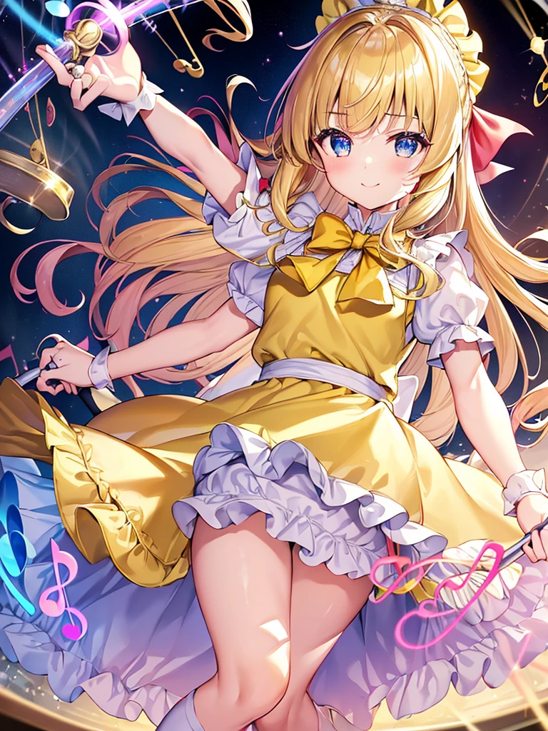 photo realistic, (masterpiece,best quality:1.4),(8k,raw photo,photo realistic:1.2),Not Safe for Work, detailed skin,detailed face,1girl,princess,Alice in Wonderland,cute face, super resolution,retro realistic details Illustration,
((( holding weapon, weapon is hammer, ))), A hammer imbued with magical power, ((yellow, checkered, frilled, yellow layered, yellow mini skirt, overskirt)), ((White ruffle apron)), ((shiny wavy hair)), diadems, ankle boots, doress, (((is turning))), (yellow frilled shirt), yellow gothic dresses, shairband, shortsleeves, the bow hair, happy, ;p, medium bob, (blonde hair), ((wavy hair)), shimmering eyes, ((Blue eyes)),  ((yellow shairband)), (((skirt-lift))), melting smile, a smile, red blush, yellow Doress, Alice (Alice in Wonderland), (((cape))), White frilled legwear, ((yellow the Bow)), Puffy Sleeves, Bangss, shortsleeves, ((yellow bow ribbon)), (long hair), (White frilled apron), (((tiara))),  White frilled legwear, frilld, yellow gothic dresses,: q, ((Heart necklace)), ((ring)), masterpiece, top-quality, not safe for work, , child, 14 yo, braided bangs, arm garter, baby face ,twinkle in the eye, flat chest,
yumekawa,yumekawaii,pastel color,(wonderland:1.3),imagination, floating many (musical notes:1.4) with score, colorful musical notes, ((light Pink background)), (Multicolored lights),magic circlel, (((trading card))),