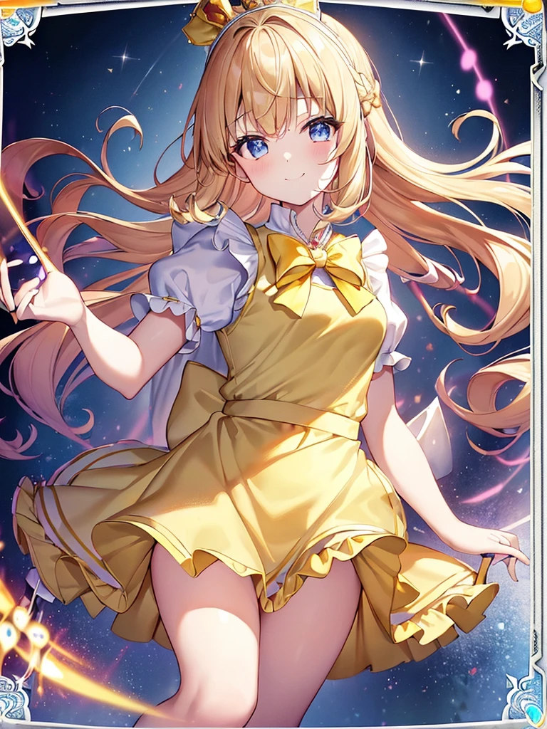 photo realistic, (masterpiece,best quality:1.4),(8k,raw photo,photo realistic:1.2),Not Safe for Work, detailed skin,detailed face,1girl,princess,Alice in Wonderland,cute face, super resolution,retro realistic details Illustration,
((( holding weapon, weapon is hammer, ))), A hammer imbued with magical power, ((yellow, checkered, frilled, yellow layered, yellow mini skirt, overskirt)), ((White ruffle apron)), ((shiny wavy hair)), diadems, ankle boots, doress, (((is turning))), (yellow frilled shirt), yellow gothic dresses, shairband, shortsleeves, the bow hair, happy, ;p, medium bob, (blonde hair), ((wavy hair)), shimmering eyes, ((Blue eyes)), ((yellow shairband)), (((skirt-lift))), melting smile, a smile, red blush, yellow Doress, Alice (Alice in Wonderland), (((cape))), White frilled legwear, ((yellow the Bow)), Puffy Sleeves, Bangss, shortsleeves, ((yellow bow ribbon)), (long hair), (White frilled apron), (((tiara))), White frilled legwear, frilld, yellow gothic dresses,: q, ((Heart necklace)), ((ring)), masterpiece, top-quality, not safe for work, , child, 14 yo, braided bangs, arm garter, baby face ,twinkle in the eye, flat chest,
yumekawa,yumekawaii,pastel color,(wonderland:1.3),imagination, floating many (musical notes:1.4) with score, colorful musical notes, ((light Pink background)), (Multicolored lights),magic circlel, (((trading card))),
