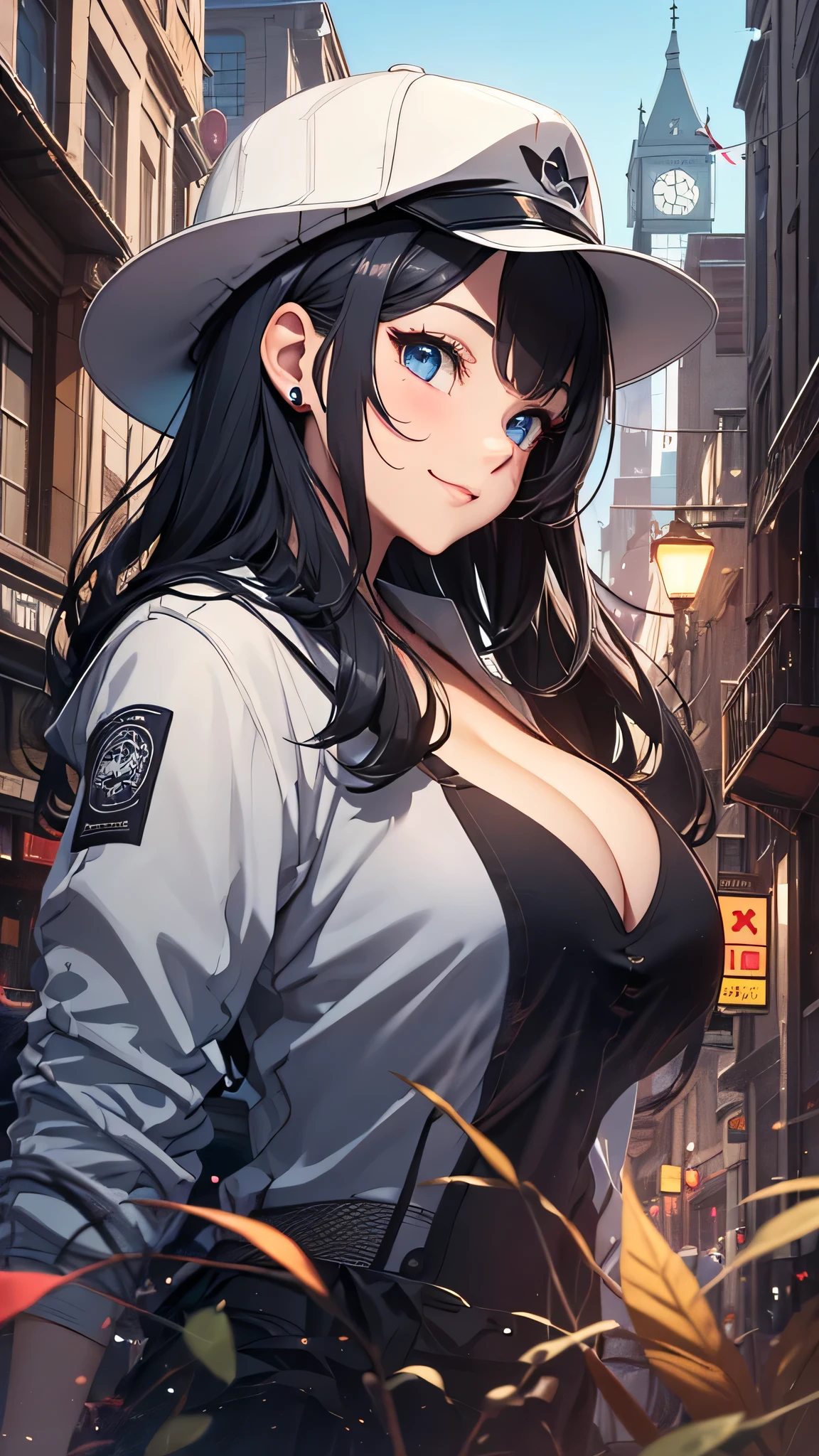 最high quality、best image quality、masterpiece、age girl((18-year-old、 By becoming、vest bust、medium bust,wide open breast tea、black eye, black hair、long hair、thin,highest valley、black hoodie(2:3),white skirt、Rear view、cute blue hat、smile、the wind is blowing、wave hands)),high quality、beautiful art、background((City of night、Restaurant Area)),debris flies、Depth of written boundary、movie、visual art、perfect art、8K,genuine