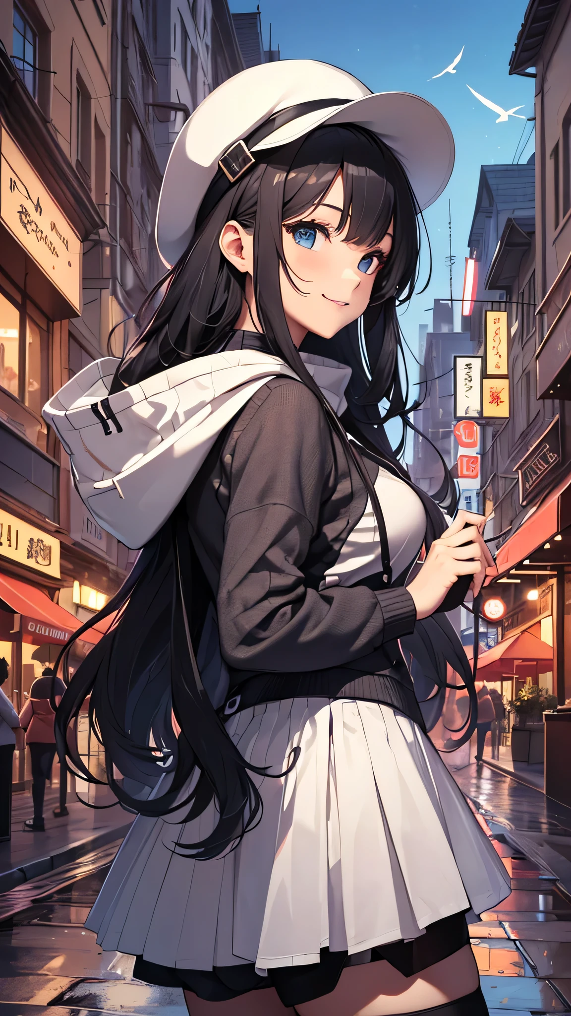 最high quality、best image quality、masterpiece、teenage girl((18-year-old、 By becoming、vest bust、medium bust,wide open breast tea、black eye, black hair、long hair、thin,highest valley、black hoodie(2:3),white skirt、Rear view、cute blue hat、smile、the wind is blowing、wave hands)),high quality、beautiful art、background((City of night、Restaurant Area)),debris flies、Depth of written boundary、movie、visual art、perfect art、8K,genuine