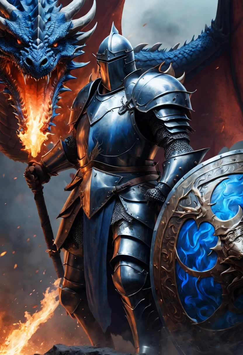 A Heavy Knight holding up a Two handed shield, fighting Against a evil dragon, blue flames from dragon to the shield, (best quality, masterpiece, Representative work, official art, Professional, unity 8k wallpaper)