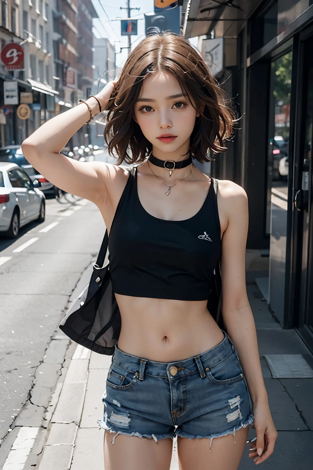 ((medium breast, tomboy girls, small head)), daylight, sunlight, (chiseled abs : 1.1), (perfect body : 1.1), (short wavy hair : 1.2) , auburn hair, collar, chain, full body shot, crowded street, wearing black tanktop, jeans jacket, ((shorts)), (extremely detailed CG 8k wallpaper), (an extremely delicate and beautiful), (masterpiece), (best quality:1.0), (ultra highres:1.0),  beautiful lighting ,perfect lightning, realistic shadows, [highres], detailed skin, ultra-detailed