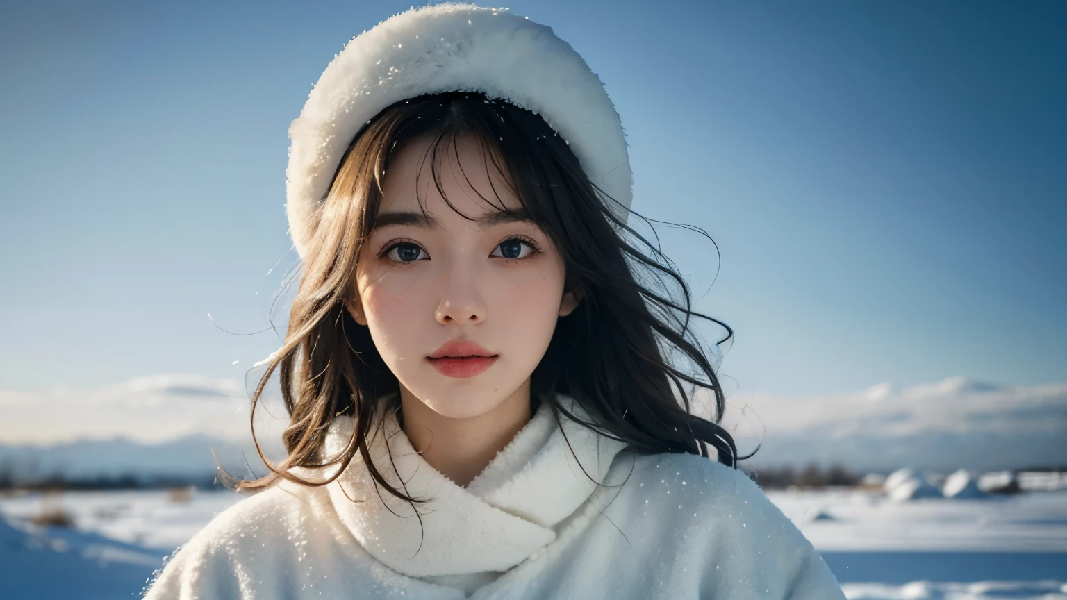 (best quality,4K,high resolution,masterpiece:1.4),Super detailed,Very detailed,sharp focus,Surreal:1.4,professional,HD images,bright colors,Bokeh,Beautiful and delicate eyes,Beautiful and delicate lips,long eyelashes,Romantic atmosphere,soft light,Contrast light and shadow,Lighting effects,high nose bridge,high nose，Yamane，young,Lively，contrast of light and shadow，aurora，Chubby cheeks,charming,graceful curves，blond，full，The background is clear，Arctic，2 girls，Snow background，Wear a cotton hat，Cotton clothing，Vision