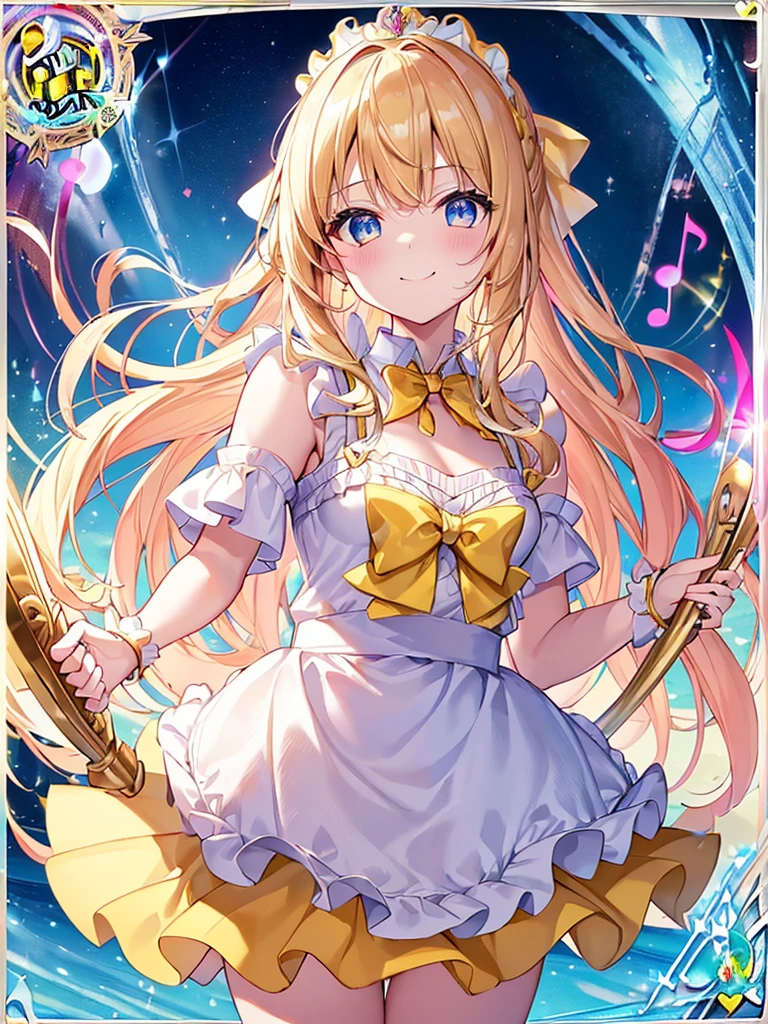 photo realistic, (masterpiece,best quality:1.4),(8k,raw photo,photo realistic:1.2),Not Safe for Work, detailed skin,detailed face,1girl,princess,Alice in Wonderland,cute face, super resolution,retro realistic details Illustration,
((( holding weapon, weapon is hammer, ))), A hammer imbued with magical power, ((yellow, checkered, frilled, yellow layered, yellow mini skirt, overskirt)), ((White ruffle apron)), ((shiny wavy hair)), diadems, ankle boots, doress, (((is turning))), (yellow frilled shirt), yellow gothic dresses, shairband, shortsleeves, the bow hair, happy, ;p, medium bob, (blonde hair), ((wavy hair)), shimmering eyes, ((Blue eyes)), ((yellow shairband)), (((skirt-lift))), melting smile, a smile, red blush, yellow Doress, Alice (Alice in Wonderland), (((cape))), White frilled legwear, ((yellow the Bow)), Puffy Sleeves, Bangss, shortsleeves, ((yellow bow ribbon)), (long hair), (White frilled apron), (((tiara))), White frilled legwear, frilld, yellow gothic dresses,: q, ((Heart necklace)), ((ring)), masterpiece, top-quality, not safe for work, , braided bangs, arm garter, baby face ,twinkle he eye, flat chest,
yumekawa,yumekawaii,pastel color,(wonderland:1.3),imagination, floating many (musical notes:1.4) with score, colorful musical notes, ((light Pink background)), (Multicolored lights),magic circlel, (((trading card))),
