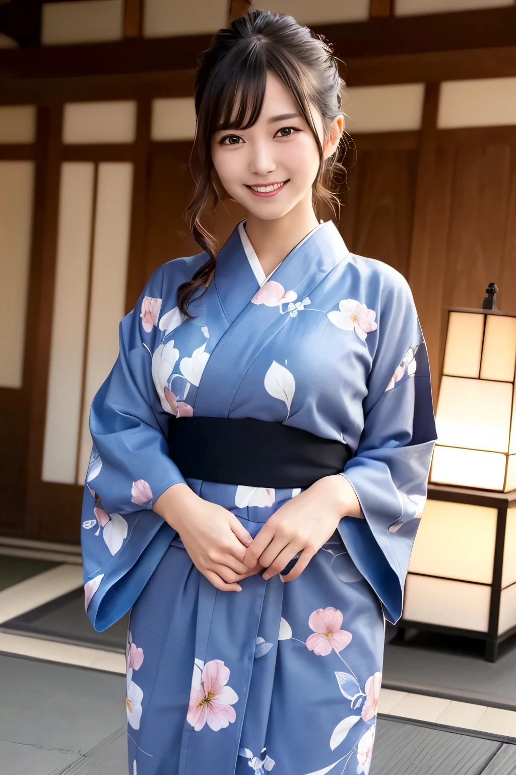 (masterpiece:1.3), High resolution, Super detailed, Highly detailed CG Unity 8K wallpaper, realistic, photo-realistic, RAW photo, beautiful detailed face, white skin, realistic glistening skin, fine cloth texture, detailed hair texture, perfect body, beautiful face, Accurate, anatomically correct, Highly detailed face and skin texture, natural neck length, (beautiful hands), (Fair skin:1.2), thin legs, thin legs, Beautifully aligned teeth throughout the body、Plump thighs、I can see my thighs、Kimono length is short、mooth calves、
fine eyes, symmetrical eyes, light brown eyes, double eyelid, (glossy lips:1.4), ((smile gently:1.2)), (blush:1.1)
Low - Angle、Projection from below、
(very cute girl:1.3), ((Wearing a cute high-class yukata with a floral pattern:1.3)),
big breasts、Plump breasts, (slender body shape:1.1)
((asymmetrical bangs:1.2)), shortcut
((elegant posture:1.3)),
((In a wide overnight ride in Kyoto:1.4)),looking at the viewer、eroticism、sexy
