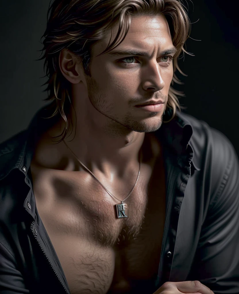 an award winning photograph of a (handsome man:1.1), detailed, trending on artstation,black suit, auburn, brown eyes, sporty body, messy hair, wet hair, light long hair, necklace,20 years old, male, extreme realistic, high quality, very detailed, dramatic lighting, digital art trends on Artstation 8k HD detailed realistic, detailed, skin texture, super detailed, realistic skin texture, armature, best quality, super high res, (fidelity: 1.4), high resolution, detailed, raw photo, sharp re, by lee jeffries nikon d850 film stock photograph 4 kodak portra 400 camera f1.6 lens rich colors hyper realistic lifelike texture dramatic lighting unrealengine trending on artstation cinestill 800