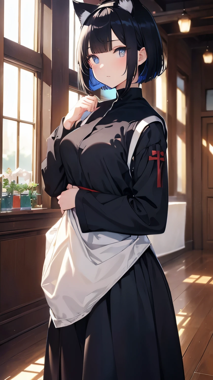 ((masterpiece:1.4、highest quality:1.2))、1 girl、solo focus、delicate face、Highly detailed anime faces and eyes、(conversion sequence)、Slender Beautiful Girl,black hair,short hair,Bob Heyer,bob cut,straight hair,((Blue right eye,red left eye),(odd eye,Eyes of different colors on the left and right))cat eyes,Black cat ears,Nekomimi,cat tail,Bad mood,small breasts,tits,sister,monastic clothes,nun,church,pray