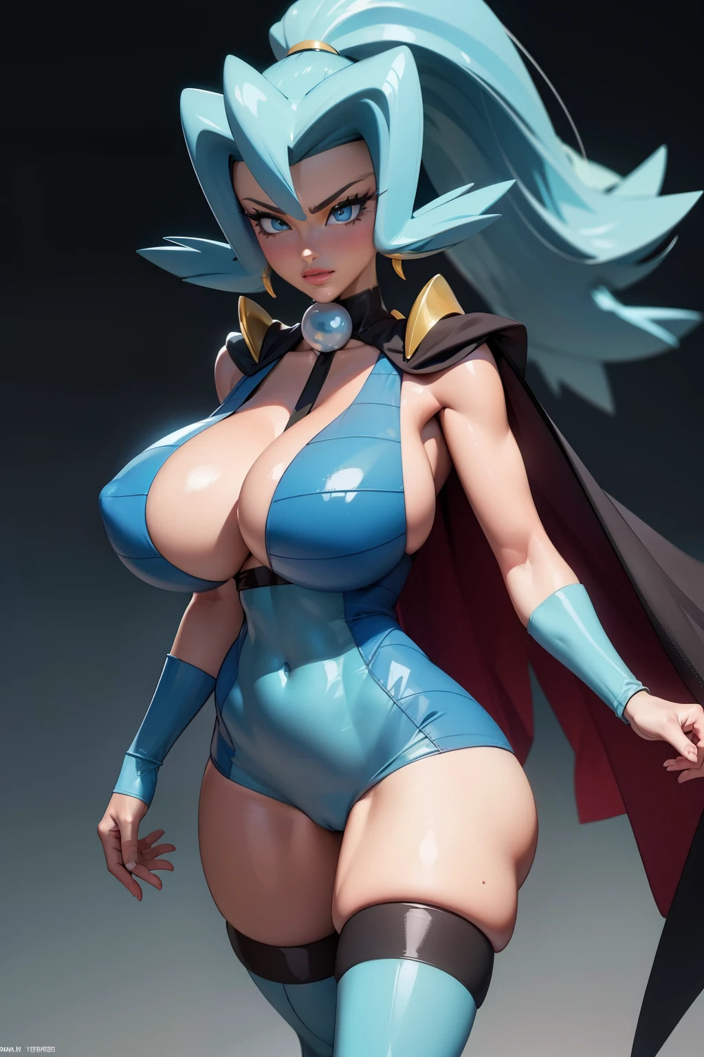 (3d render), Generate an illustration of a mature Clair, gym leader of pokemon, ponytail, holding a poke all, de terno preto, long hair, hair flows straight down, darkblue hair, (gigantic breasts:1.4), blue outfit in anime format with a serious style, (black cape), blue tights, blue boots, gothic make up, masterpiece, ((dark lighting)), black background, puffy lips,slendered abs, beautiful face,