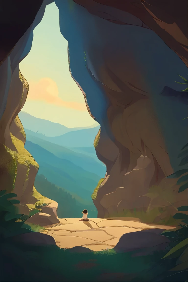 Ghibli anime beautiful cute monster child The girls are squatting and hugging each other inside the cave Views outside Are crying