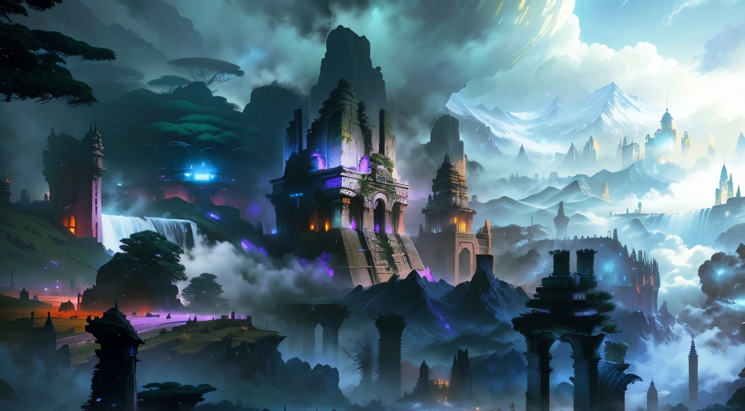 view of a fantasy city in a forest with mountains in background, paul lehr and beeple, andreas rocha style, mysterious temple setting, ancient city, ancient city landscape, inspired by Paul Lehr, the style of andreas rocha, style of raphael lacoste, dota matte painting concept art, concept art stunning atmosphere, high fantasy matte painting, delete watterfall, Katsuhiro Otomo art