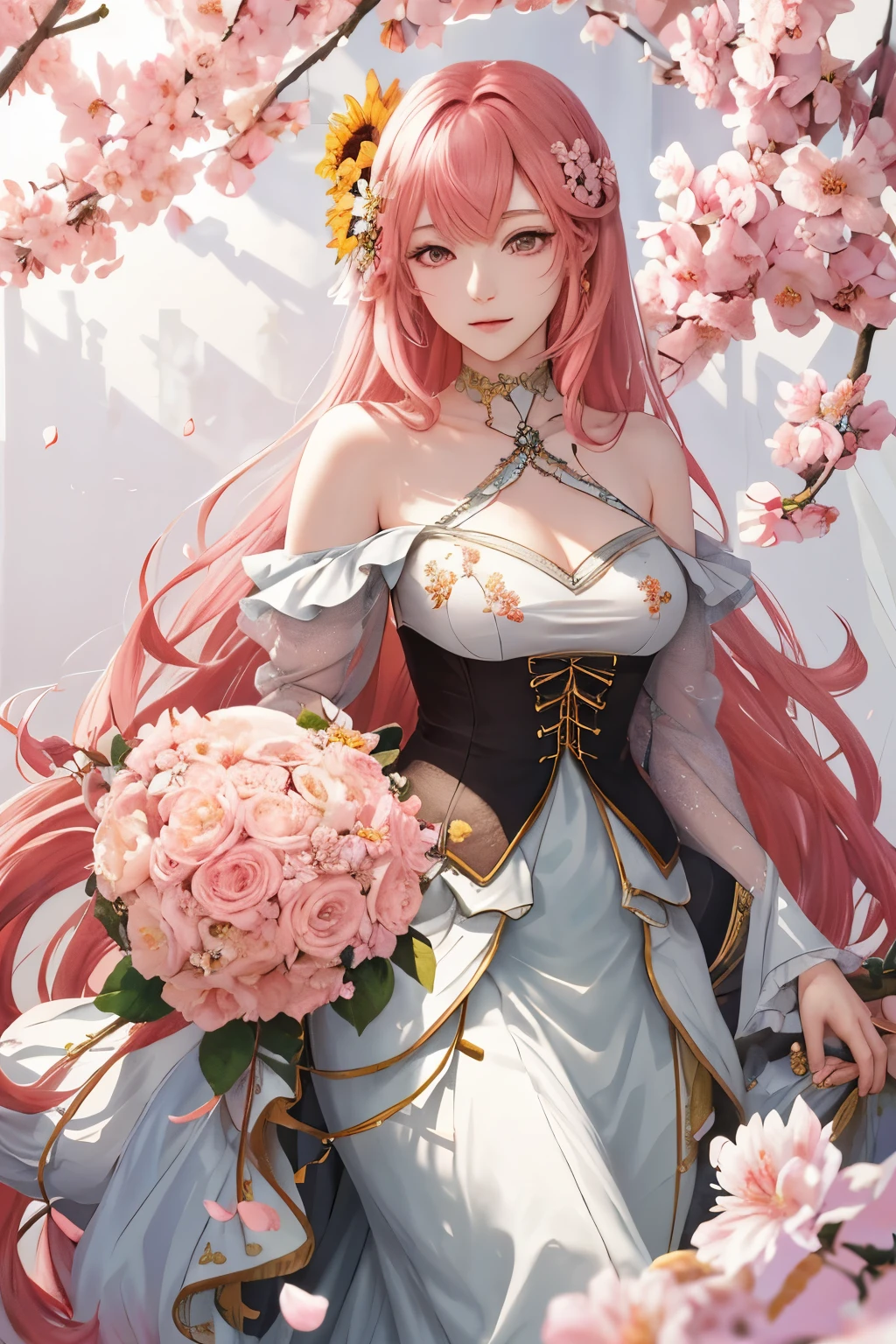 Anime girl with a head full of blooming flowers, --v 5.2 --s2
Masterpiece of animation art,
Beautiful and aesthetic,
Extreme detail and vibrant colors,
Flower petals entwined in her long hair,
Featuring a mature anime girl,
Big, expressive eyes with a soft gaze,
Petals in various shades of pink and red,
Perfectly blended with her golden skin,
Realistic rendering of each petal's texture,
Dynamic angle revealing the whimsy scene,
Elegant display of cherry blossoms or sunflowers,
Capturing the essence of anime charm and beauty