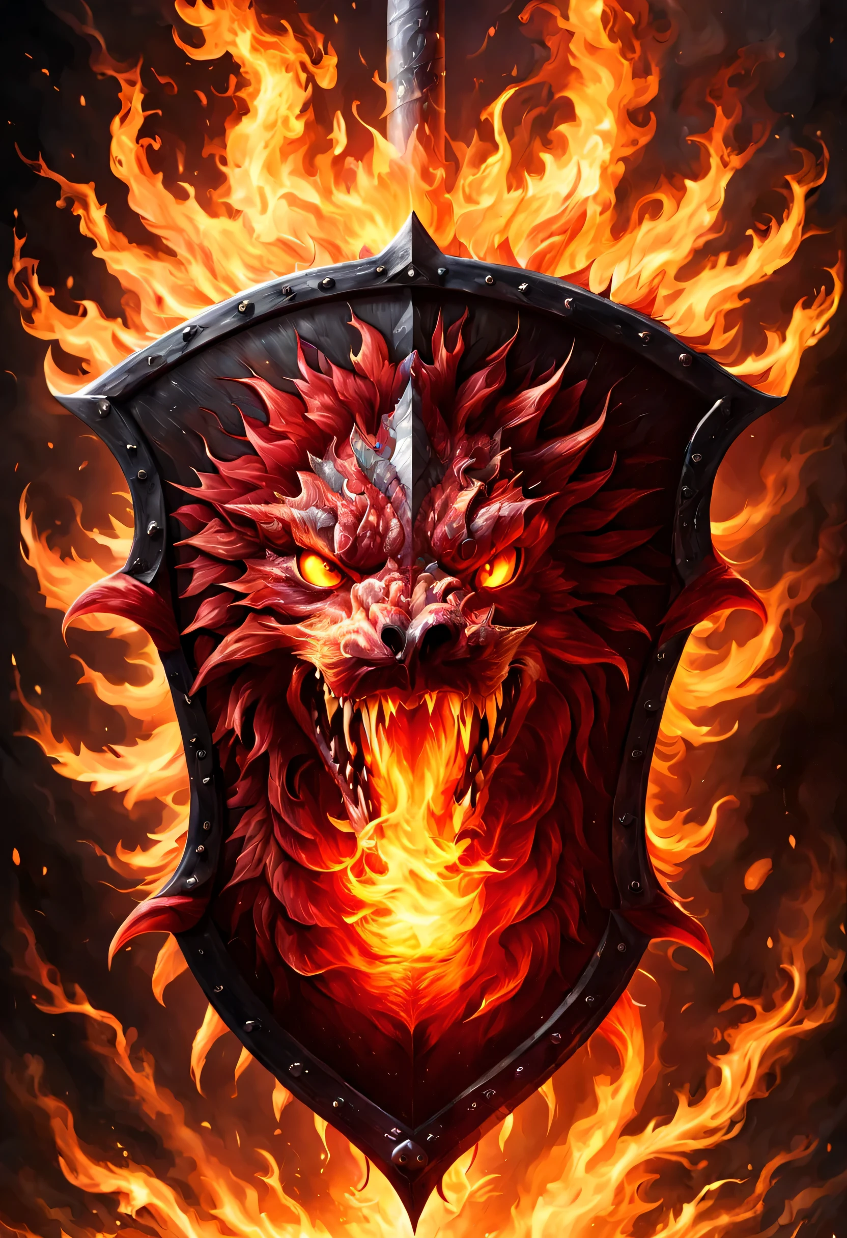 antasy art, dnd art, RPG art, wide shot a picture of a (shield: 1.5) with a red dragon head breathing fire, high details, best quality, 16k, [ultra detailed], masterpiece, best quality, (extremely detailed), close up, photorealistic, RAW, fantasy art, dnd art, fantasy art, realistic art,