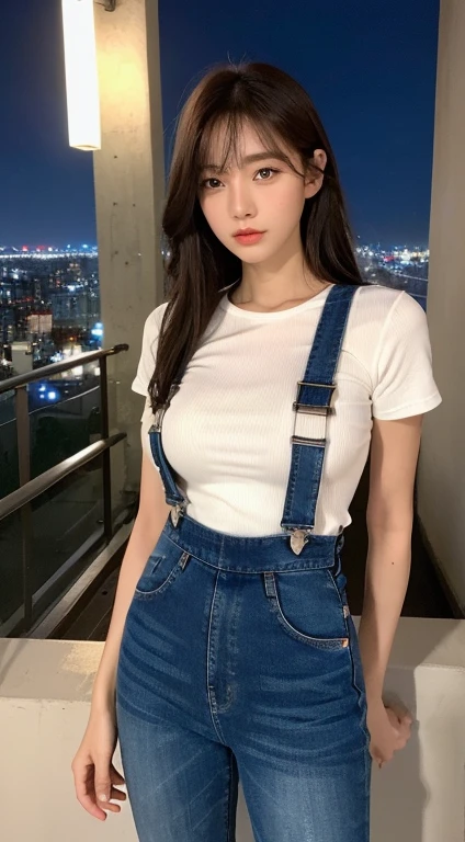 ((midnight, best quality, 8k, masterpiece :1.3)), whole body, long legs, sharp focus :1.2, beautiful woman，Perfect body :1.4, slim abs :1.1, ((dark brown hair, big breasts :1.2)), (White tight T-shirt, overalls jeans, permanent:1.2), ((city night view, roof:1.3)), Highly detailed facial and skin textures, delicate eyes, double eyelids