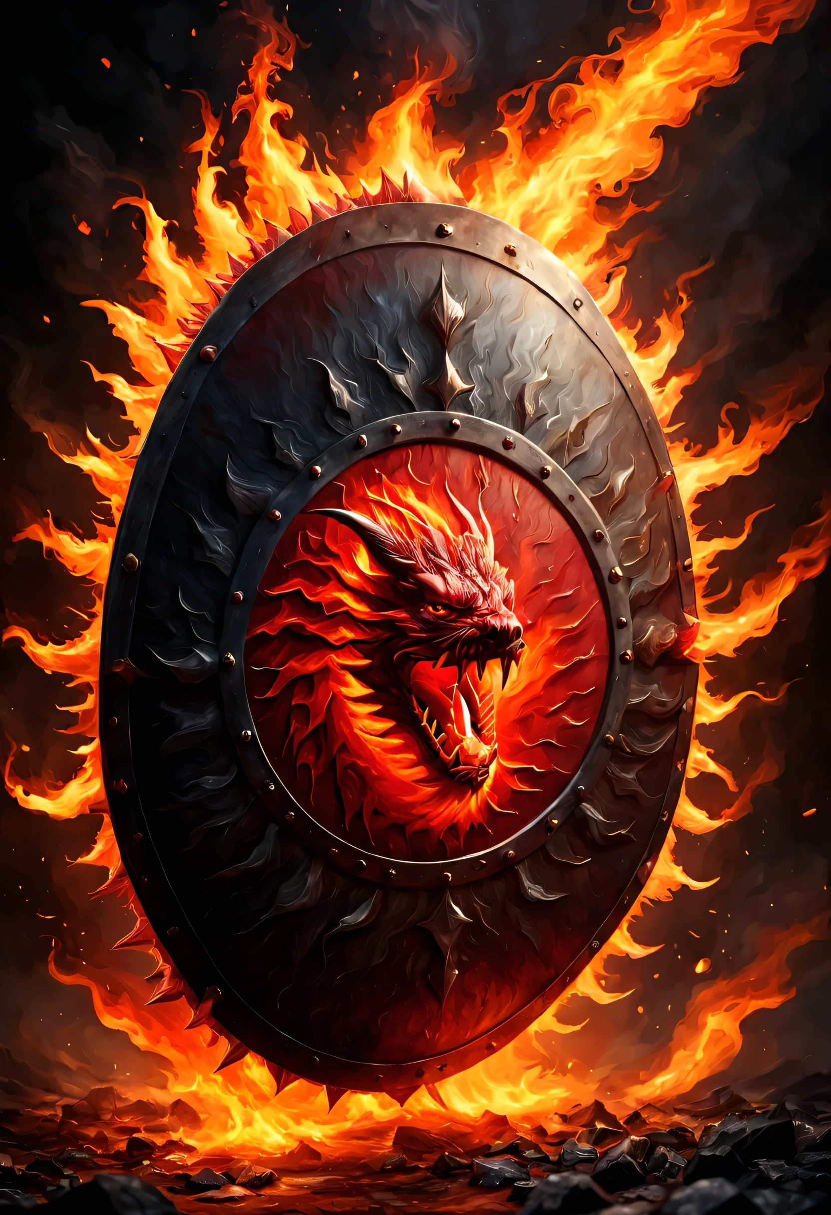 antasy art, dnd art, RPG art, wide shot a picture of a (shield: 1.5) with a red dragon head breathing fire, high details, best quality, 16k, [ultra detailed], masterpiece, best quality, (extremely detailed), close up, photorealistic, RAW, fantasy art, dnd art, fantasy art, realistic art,