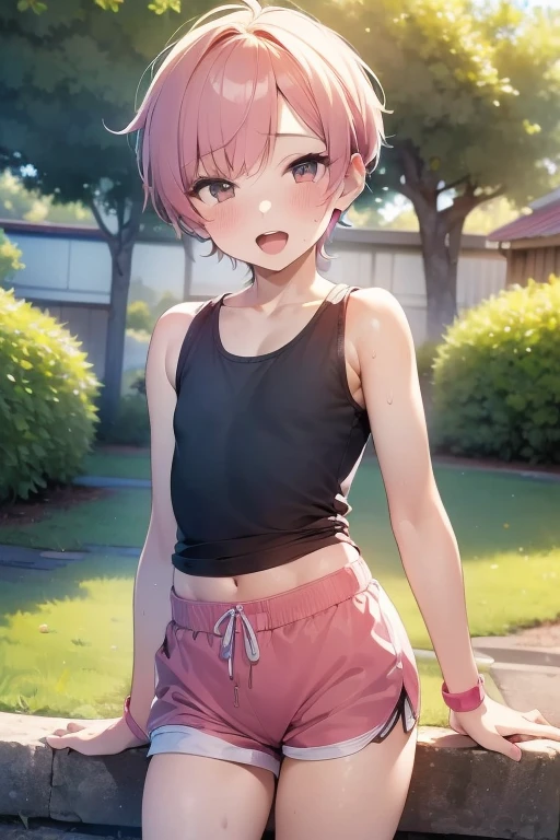 (masterpiece), best quality, (SHARP details), 4k, (SHARP detail perfect face), short hair, pink hair, nice ass, outdoors, sweat, (slutty clothes), detailed skin, ((visible  boy)), (female facial expression: lewd, open mouth), full body shot, (wearing (tight tank top) and (hotpants)),