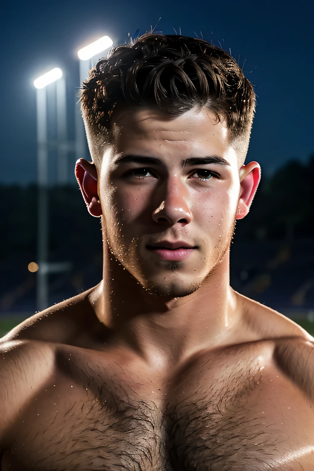 Selfie de Nick Jonas, cheveux courts ondulés, torse nu, les poils du torse, stade universitaire de crosse en plein air, nuit, en sueur, 8K, reflex numérique, ultra réaliste, fermer, tenir le téléphone, graveleux, spectaculaire, BRUT, Haute qualité, éclair parfait, très détaillé, Yeux détaillés, en sueur body