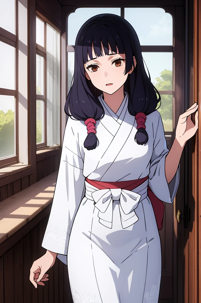 masterpiece, ((super detailed background, delicate pattern, intricate details)), (very detailed, small details), highest quality, beautiful lighting, ((medium breasts, slim girl)), Diva, 1 girl, alone, black hair, long hair, brown eyes, kimono, twin tails, Miko, dull bangs, Red too, intricate detailsな背景, internal, castle room environment, medieval castle, gray wall, window, bookshelf, (cowboy shot), 