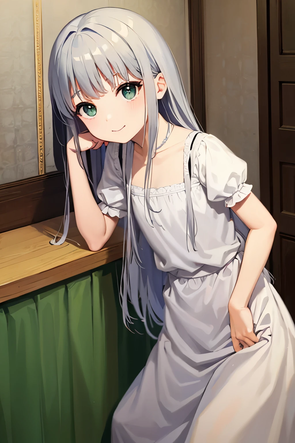 ph elaina, Eoutfit1, elaina (majo no tabitabi), (masterpiece:1.6, best quality), solo, long hair, ahoge, hair between eyes, collarbone, blue eyes, bangs, white hair, sleeveless, bare shoulders, shiny hair, camisole, spaghetti strap, white shirt, purple eyes, shiny, sleeveless shirt, blush, very long hair, sidelocks, sleeveless dress, dress