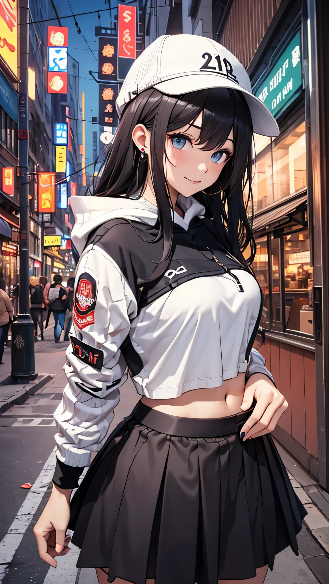 最high quality、best image quality、masterpiece、age girl((18-year-old、 By becoming、vest bust、medium bust,wide open breast tea、black eye, black hair、long hair、thin,highest valley、black hoodie(2:3),white skirt、Rear view、cute blue hat、smile、cute pose、wave hands)),high quality、beautiful art、background((City of night、Restaurant Area)),debris flies、Depth of written boundary、movie、visual art、perfect art、8K,genuine