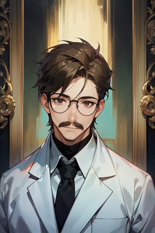 masterpiece, 最high quality, high quality, man 1、30 years old,alone, male focus, Appears to be thinking, Upper body, face with mustache, Undisturbed black hair styled with pomade, brown eyes, wearing glasses, doctor、wearing a formal white coat