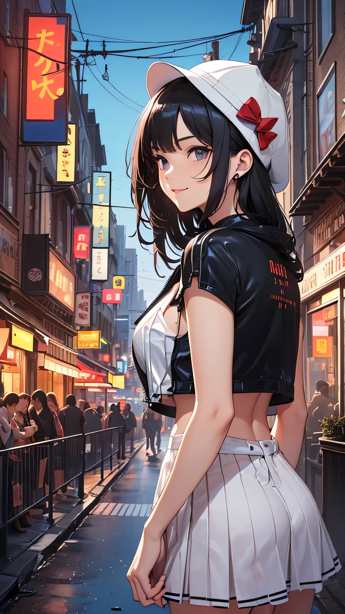 最high quality、best image quality、masterpiece、age girl((18-year-old、 By becoming、vest bust、medium bust,wide open breast tea、black eye, black hair、long hair、thin,highest valley、black hoodie(2:3),white skirt、Rear view、cute blue hat、smile、cute pose、wave hands)),high quality、beautiful art、background((City of night、Restaurant Area)),debris flies、Depth of written boundary、movie、visual art、perfect art、8K,genuine