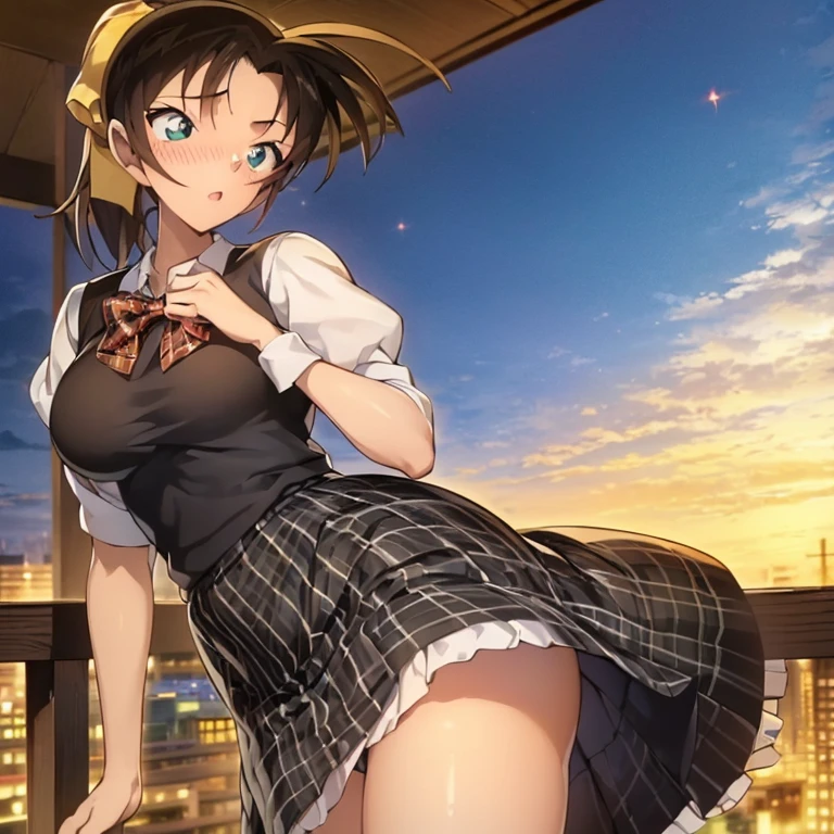 ((table top, highest quality, High resolution, nffsw, perfect pixel, 4K, nffsw, nffsw))), 1 girl, single, alone, beautiful woman、I could see the whole body、, ((beautiful eyelashes, realistic eyes)), ((detailed face, blush:1.2)), ((smooth texture:0.75, realistic texture:0.65, realistic:1.1, Anime CG style)), medium breasts, dynamic angle, perfect body, ((A bow tie, , , white shirt, black skirt, plaid skirt)), City staircase、Angle looking up from the bottom of the stairs、Very embarrassing panic smile, looked back、leaning forward、(The wind flipped my skirt and exposed my butt.......................、Touching the buttocks with both hands、lace panties)