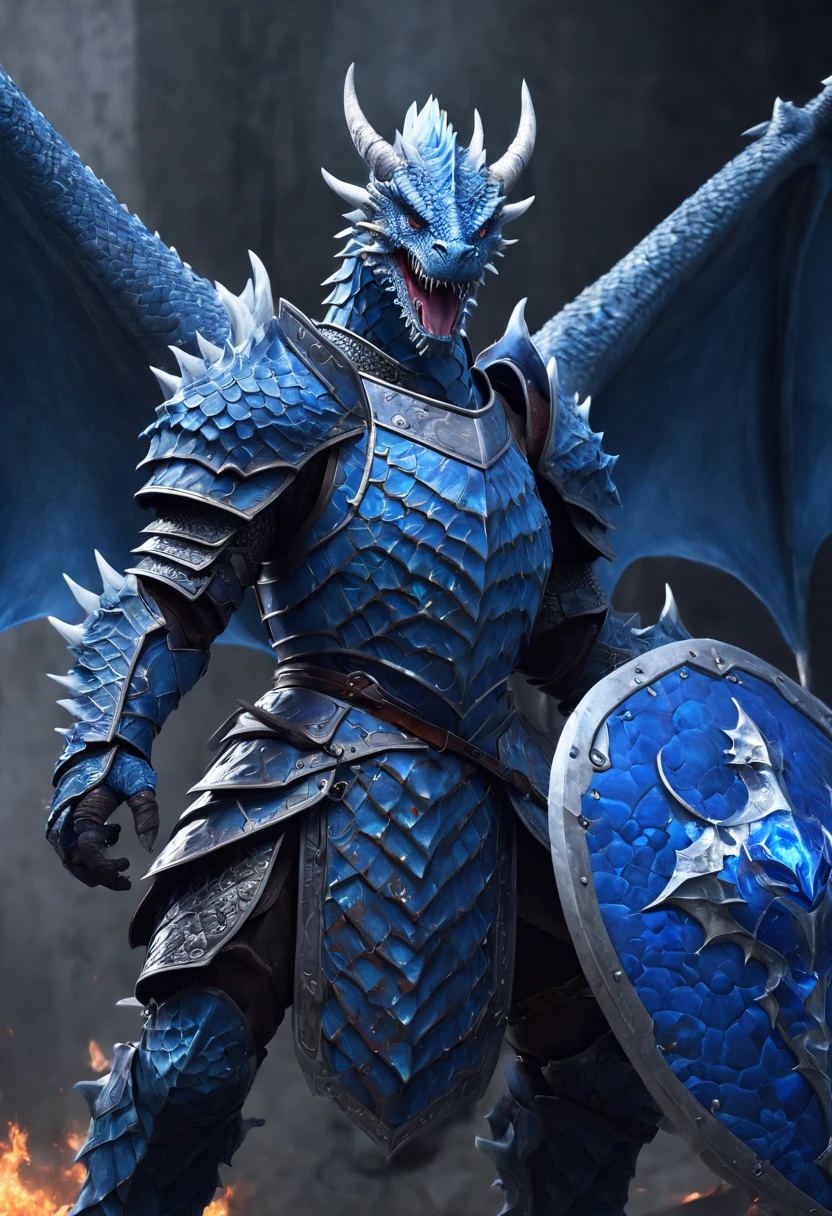 A Heavy Knight with a Two_handed_shield, An ice dragon spewed blue dragon flames to the shield, (best quality, masterpiece, Representative work, official art, Professional, unity 8k wallpaper)